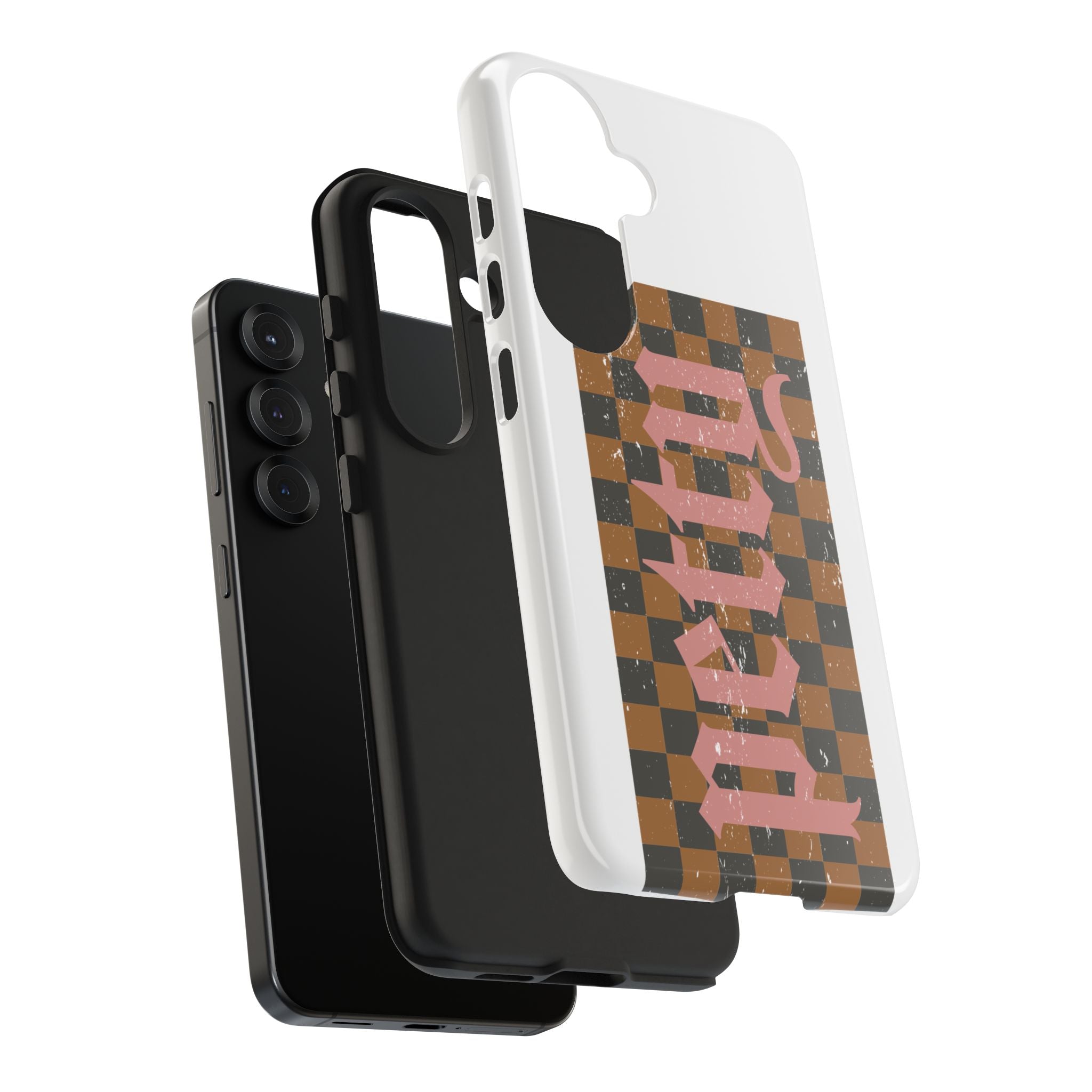 Checkerboard 'Tough' Retro Phone Case — Pink Gothic Text, Grunge Pattern