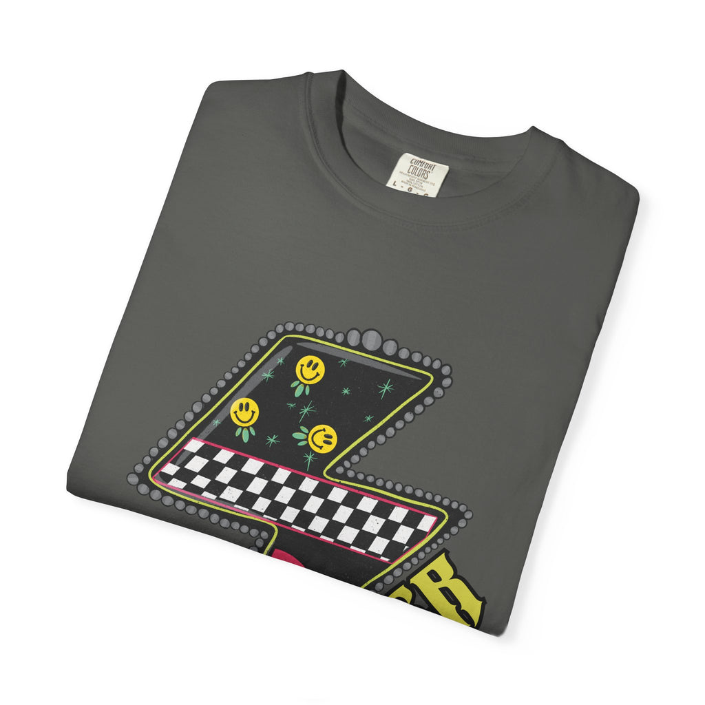Lightning Bolt Graphic T‑Shirt — Retro Checker & Neon Stripe Design