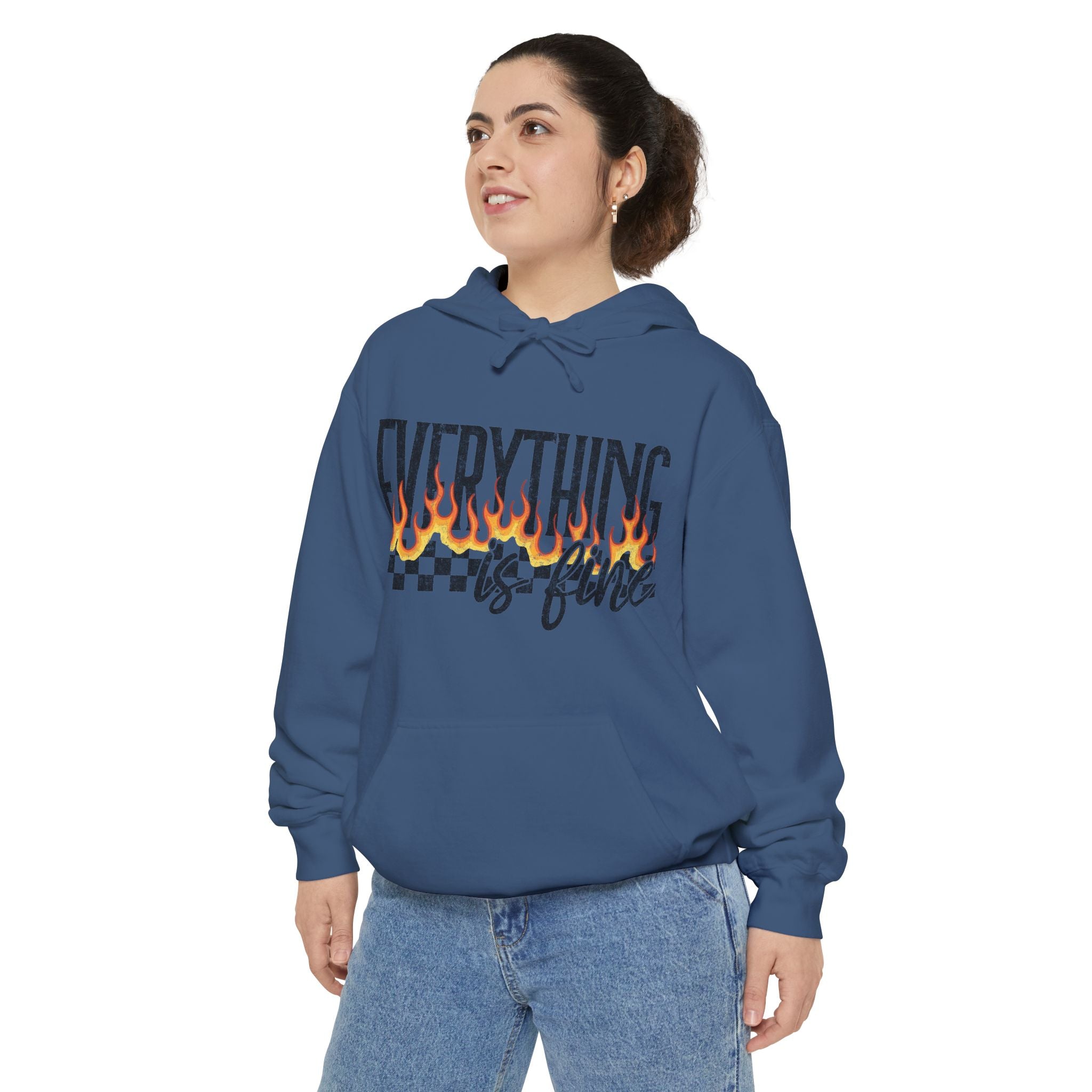 Everything Is Fine Hoodie — Retro Flame Checkerboard Graphic Pullover