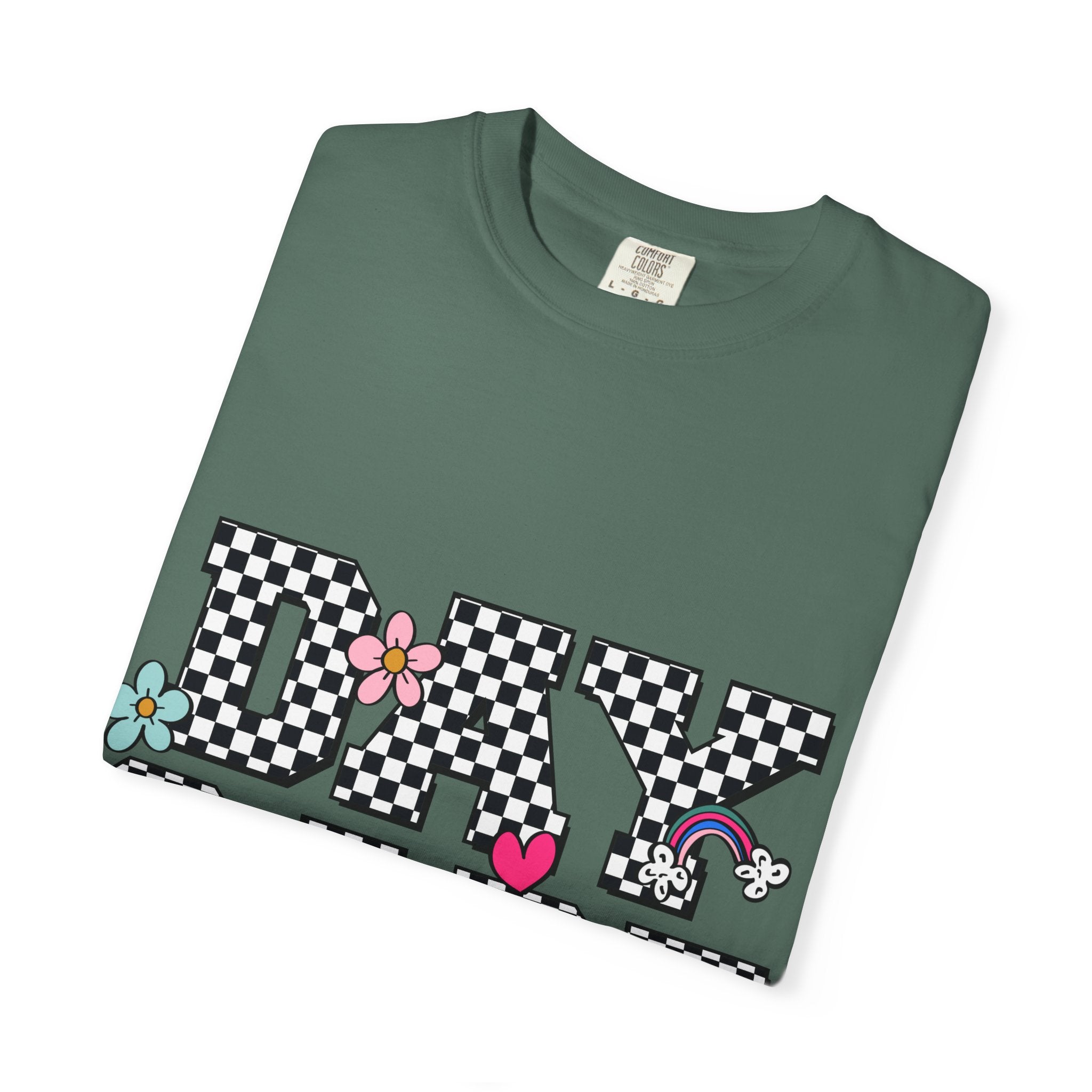 Day Care Checkerboard T‑Shirt — Playful Smiley & Floral Kids Graphic Tee
