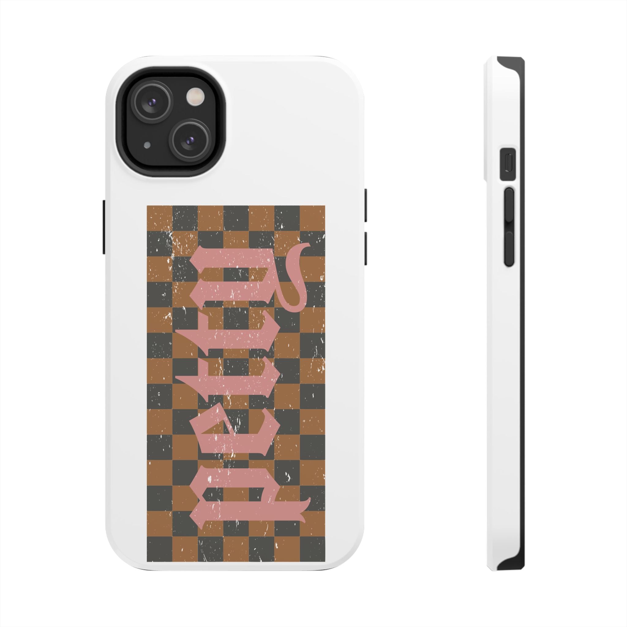 Checkerboard 'Tough' Retro Phone Case — Pink Gothic Text, Grunge Pattern