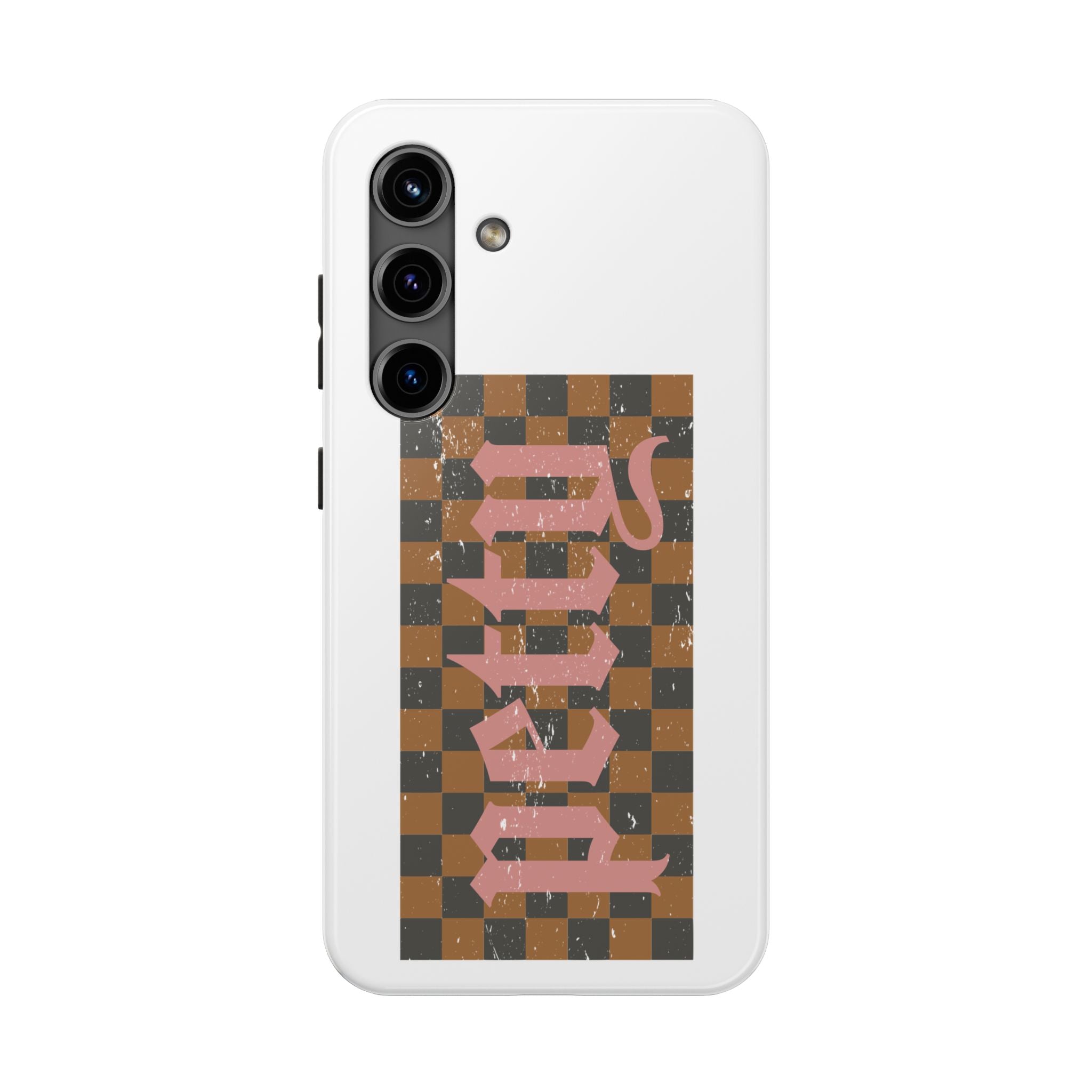 Checkerboard 'Tough' Retro Phone Case — Pink Gothic Text, Grunge Pattern