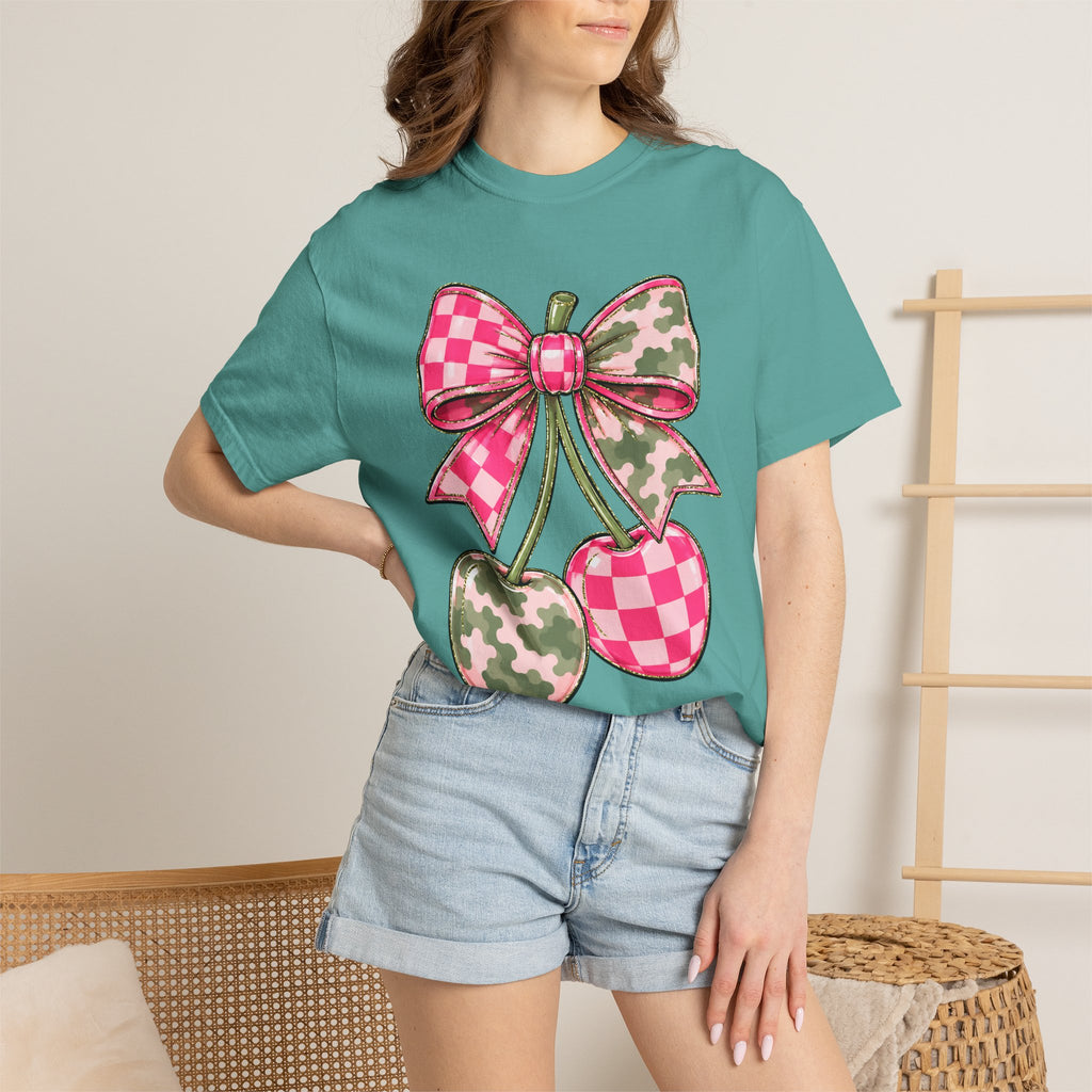 Pink Camo Checker Cherry Tee — Bow Graphic T-Shirt