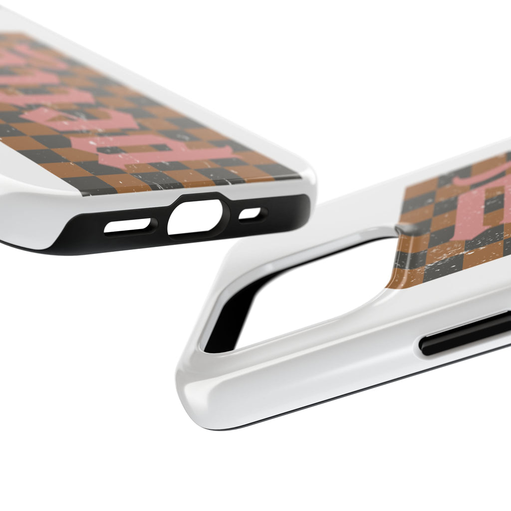 Checkerboard 'Tough' Retro Phone Case — Pink Gothic Text, Grunge Pattern
