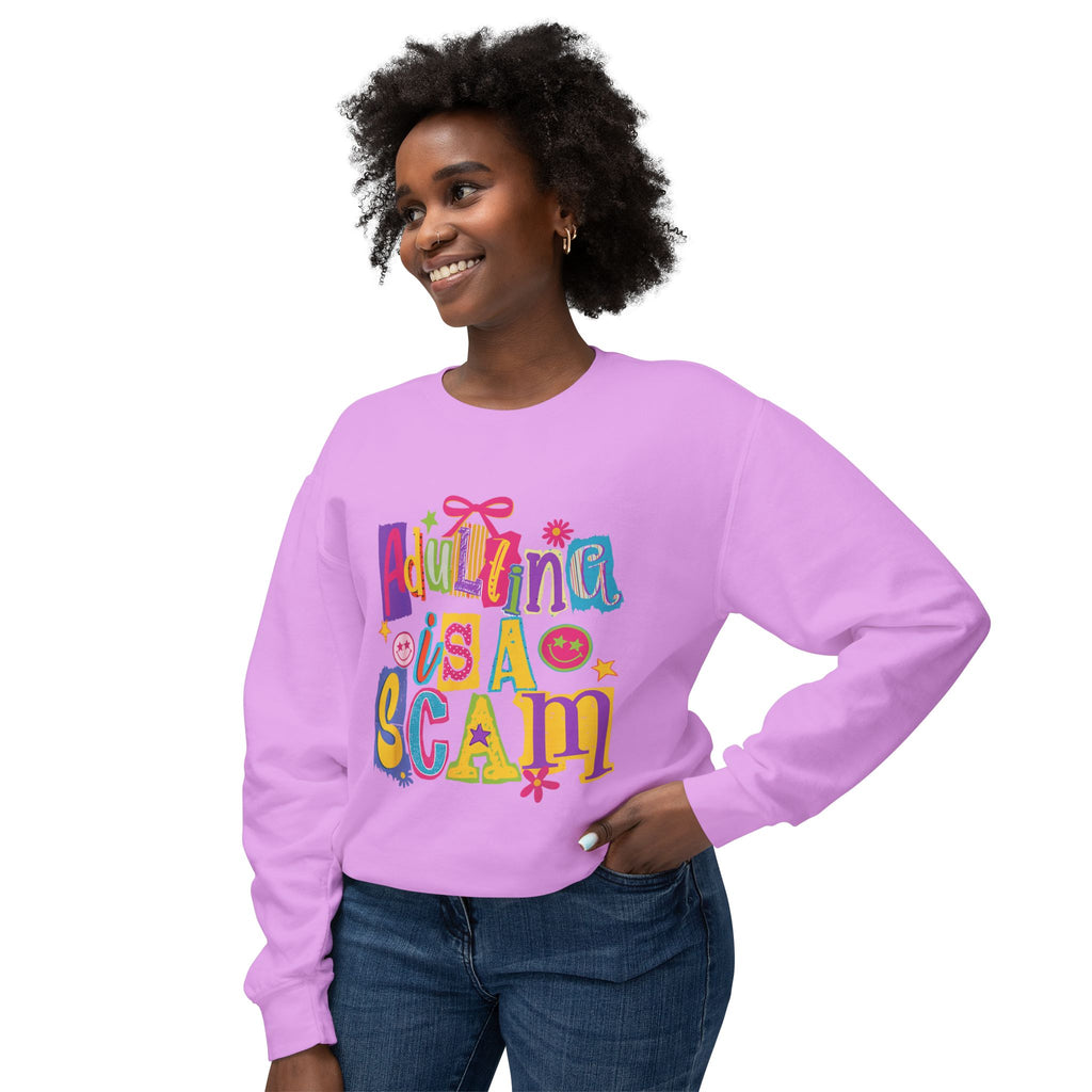 Crewneck Sweatshirt — “Adulthood Is A Scam” Colorful Graphic