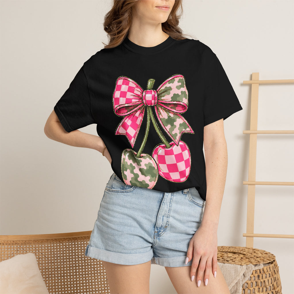Pink Camo Checker Cherry Tee — Bow Graphic T-Shirt