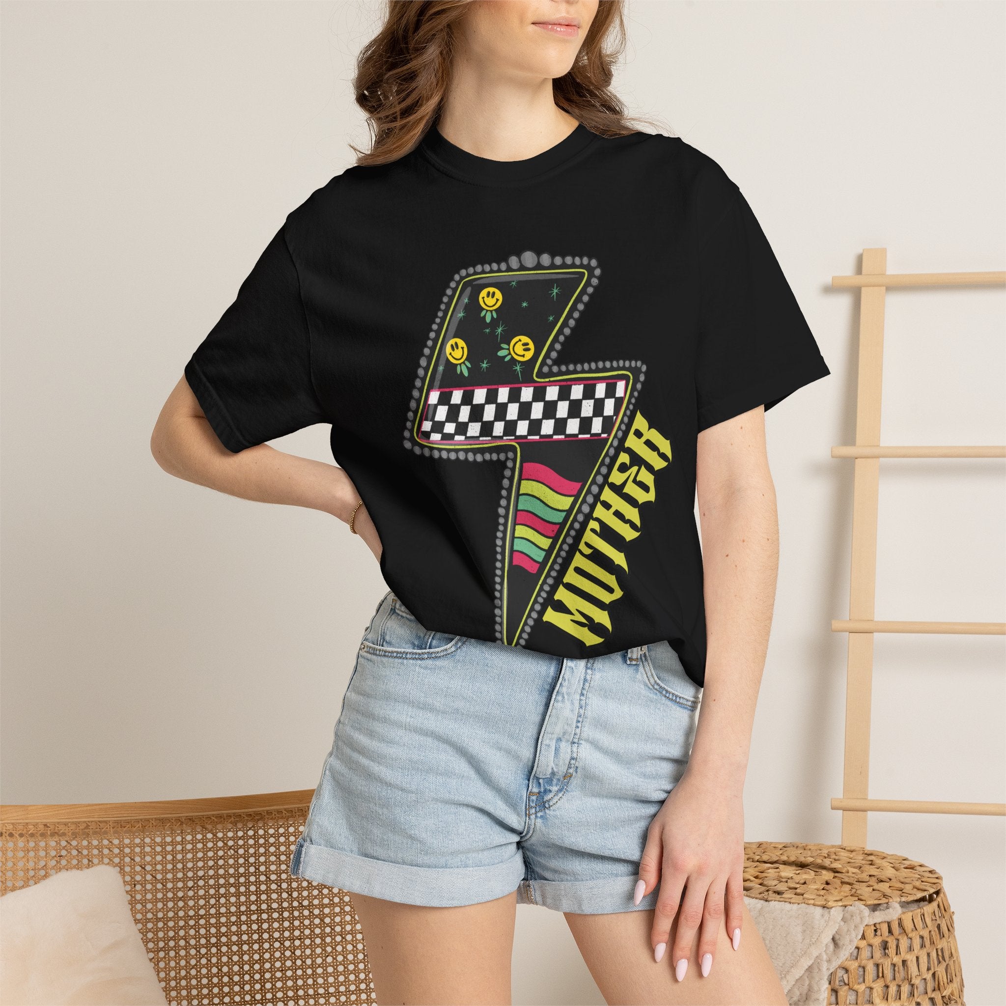 Lightning Bolt Graphic T‑Shirt — Retro Checker & 'Mother' Streetwear Tee