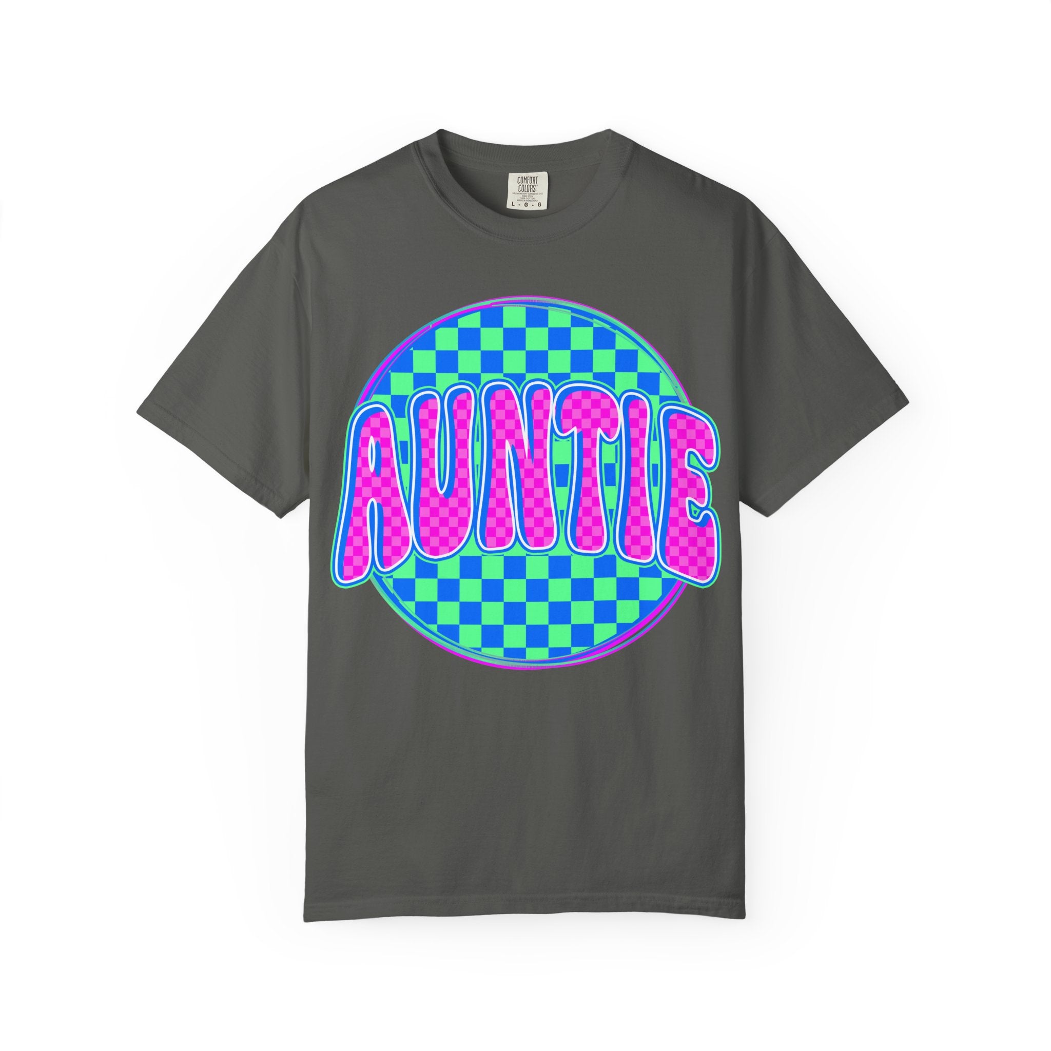 Auntie Checkerboard T-Shirt — Retro Neon 'AUNTIE' Graphic Tee
