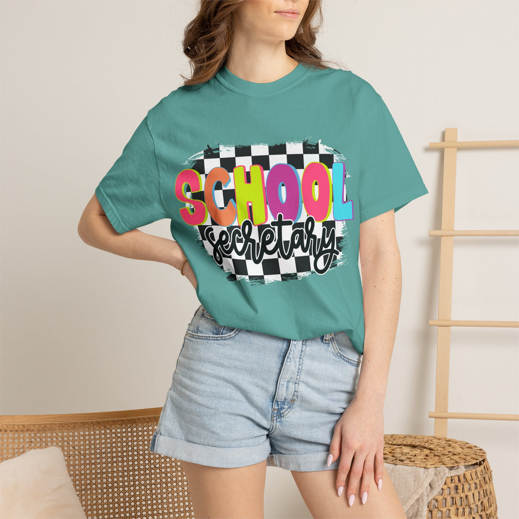 School Secretary T-Shirt — Retro Checkerboard Design
