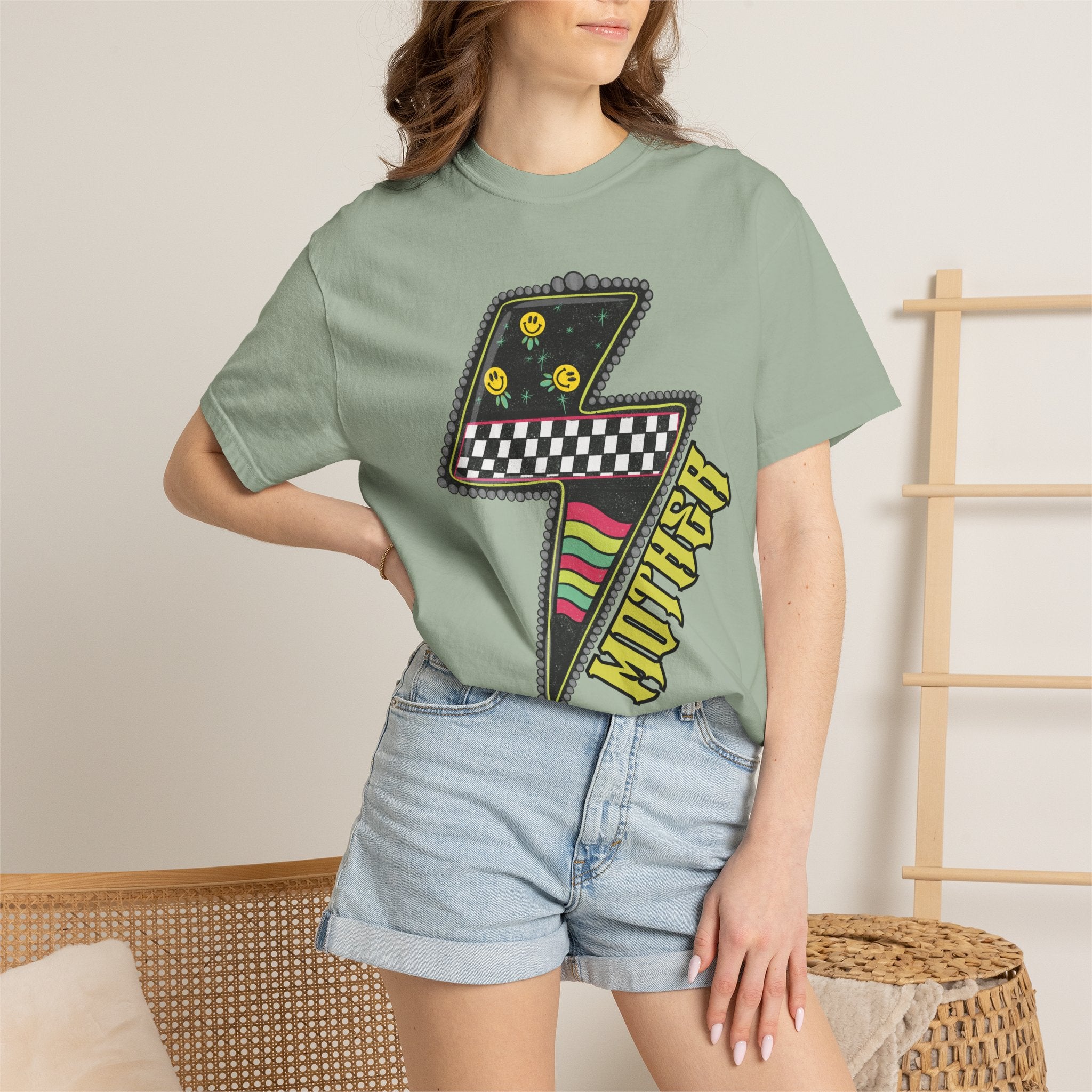 Lightning Bolt Graphic T‑Shirt — Retro Checker & 'Mother' Streetwear Tee