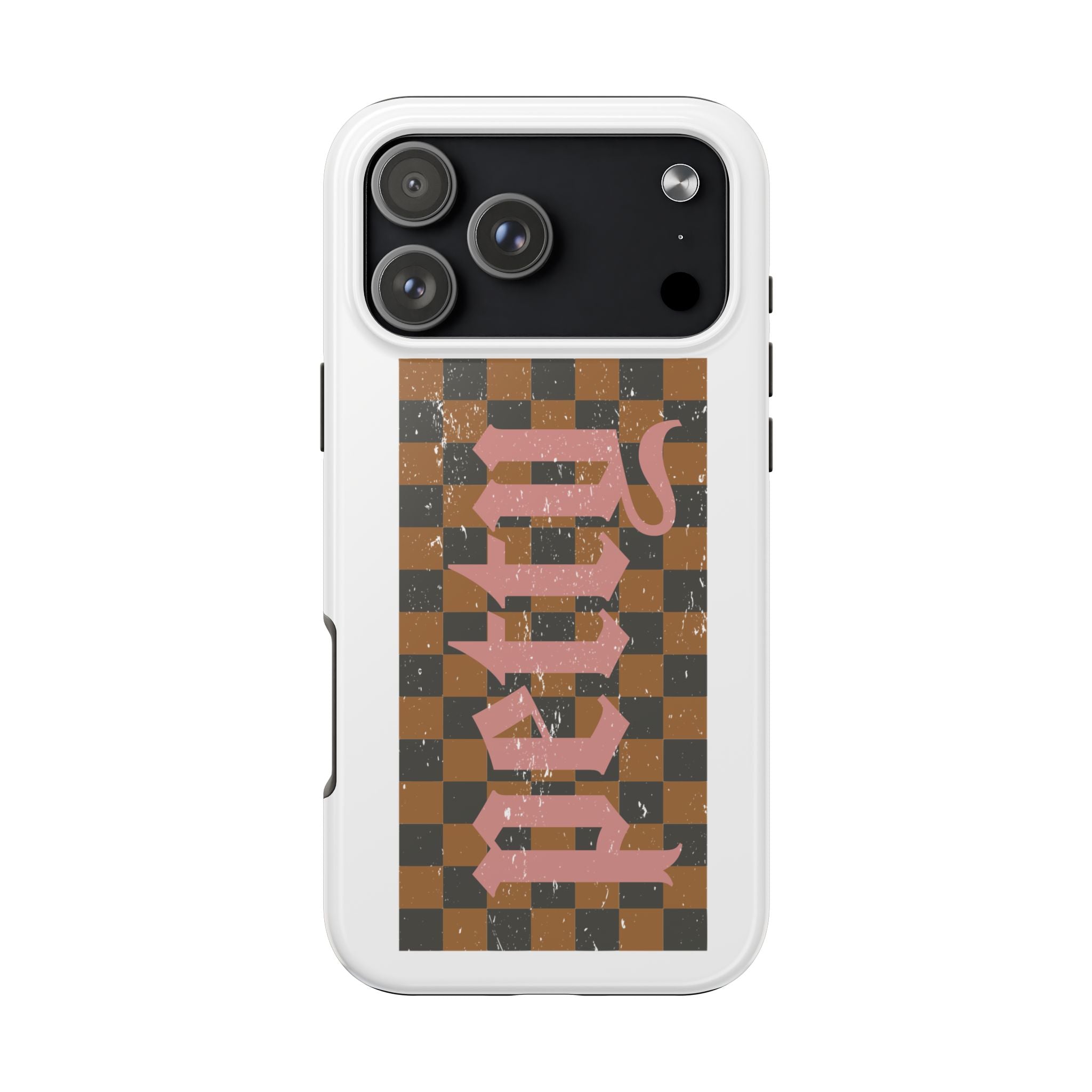 Checkerboard 'Tough' Retro Phone Case — Pink Gothic Text, Grunge Pattern