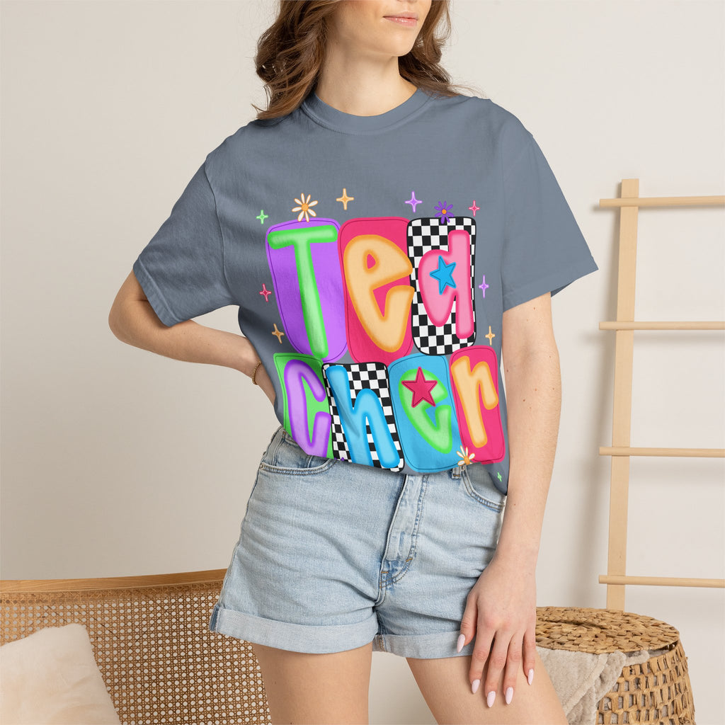 Teacher Retro Bubble Letter T-Shirt — Colorful Checkerboard & Star Teacher Shirt
