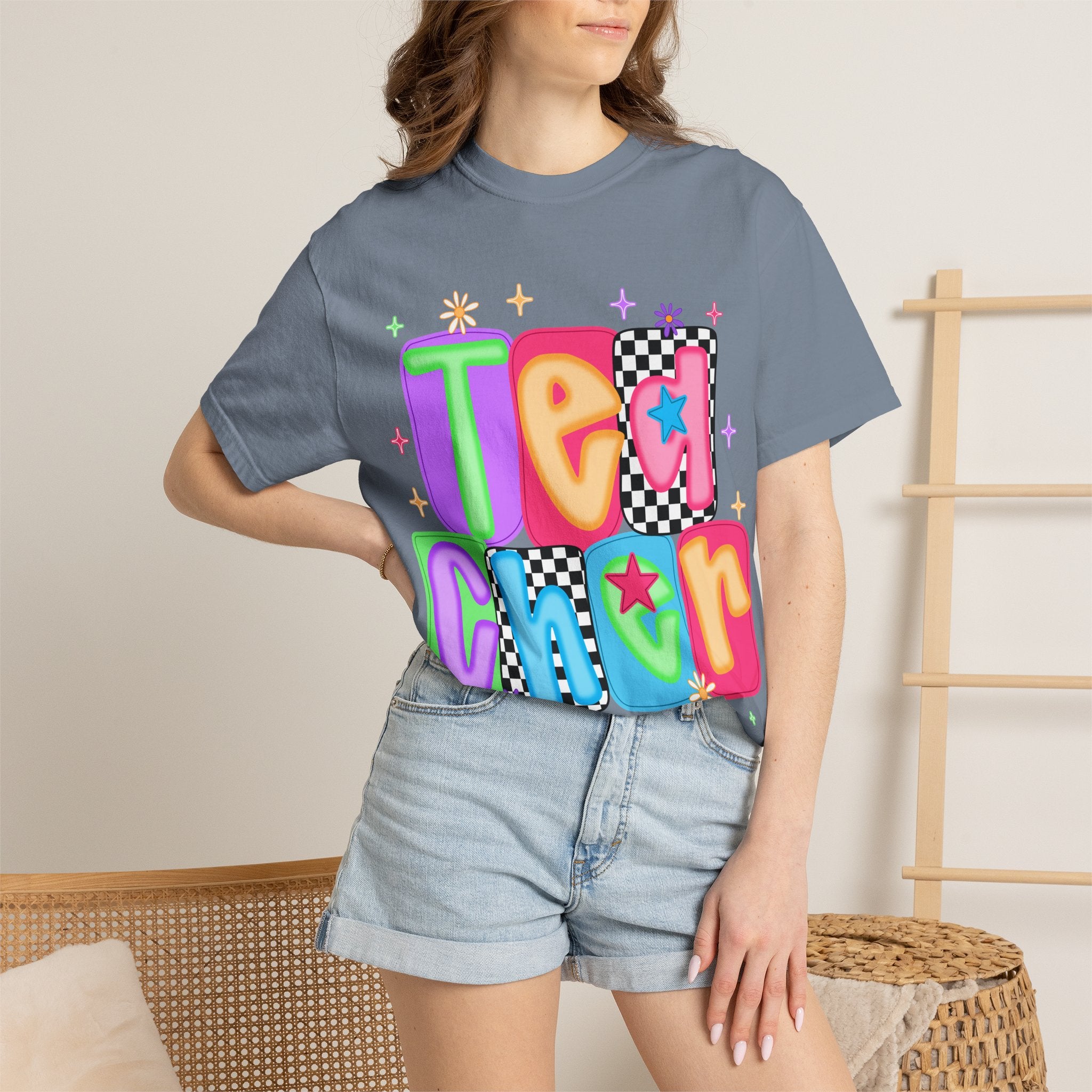 Teacher Retro Bubble Letter T-Shirt — Colorful Checkerboard & Star Teacher Shirt
