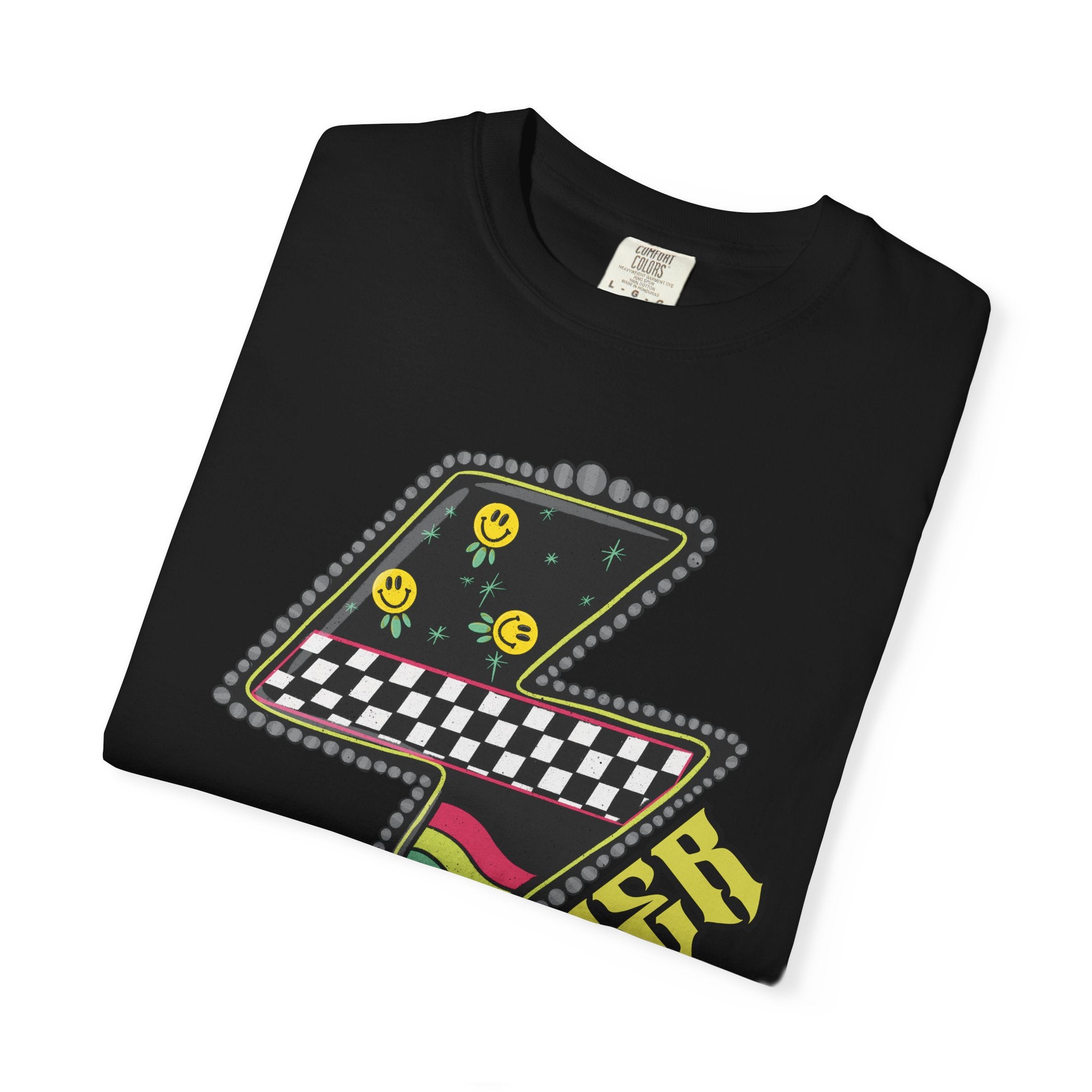 Lightning Bolt Graphic T‑Shirt — Retro Checker & 'Mother' Streetwear Tee