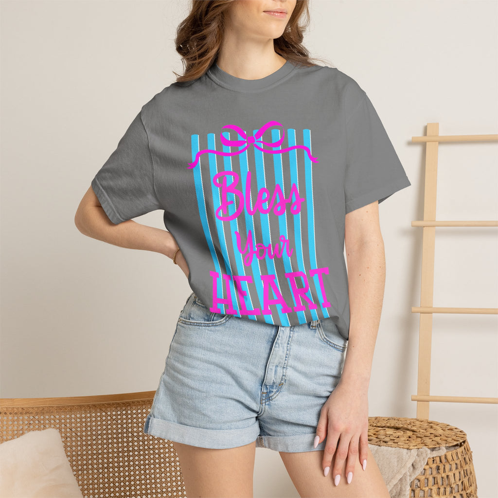 Bless Your Heart T-Shirt — Southern Phrase Graphic Tee (Pink & Blue Stripes)