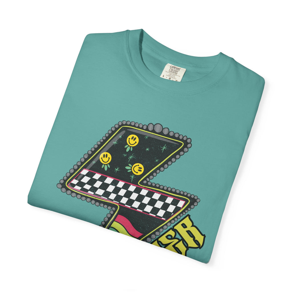 Lightning Bolt Graphic T‑Shirt — Retro Checker & 'Mother' Streetwear Tee