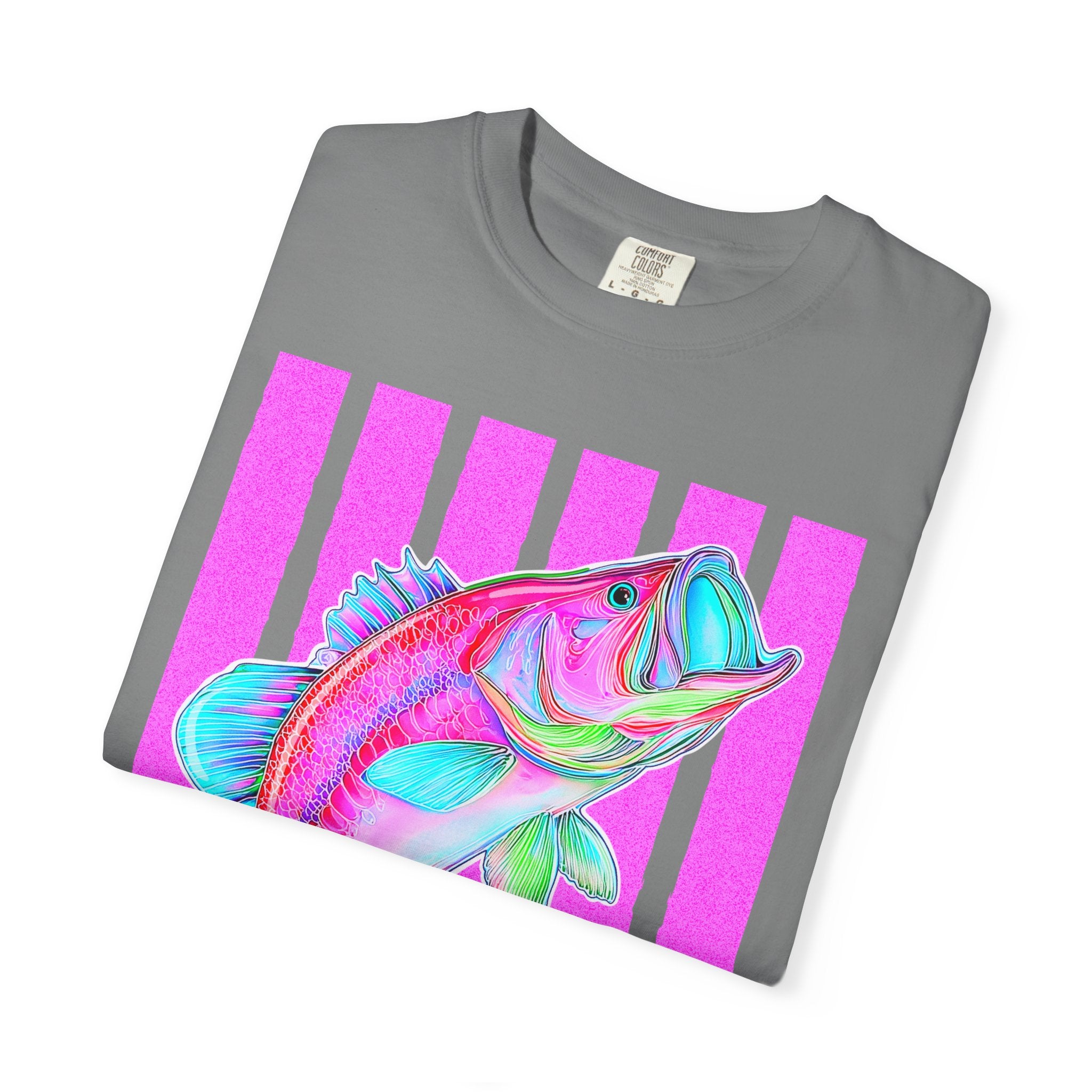 Neon Bass Fish T-Shirt — Retro Pink Stripe Fishing Tee