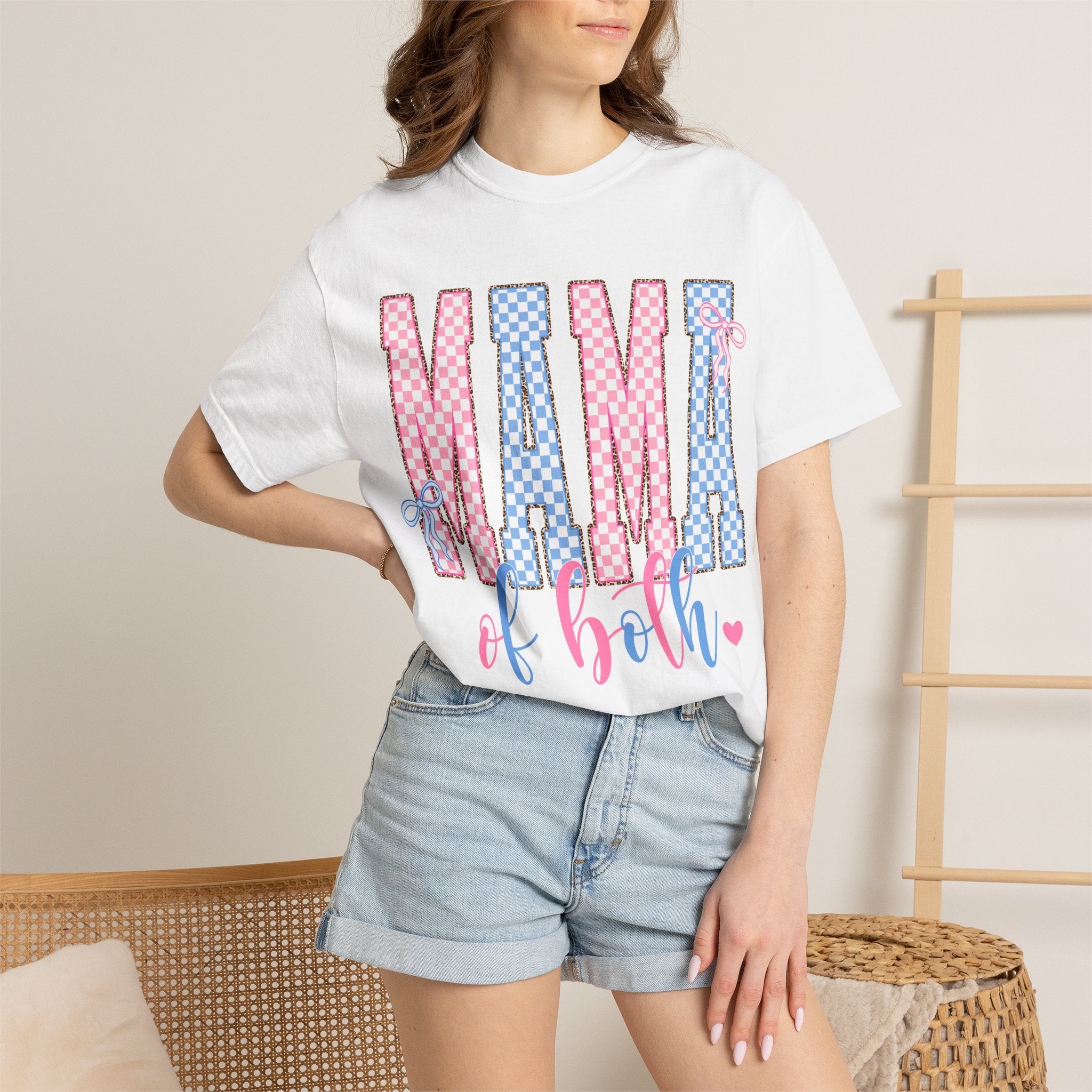 Mama of Both T-Shirt — Gender Reveal Mom Tee (Pink & Blue Check)
