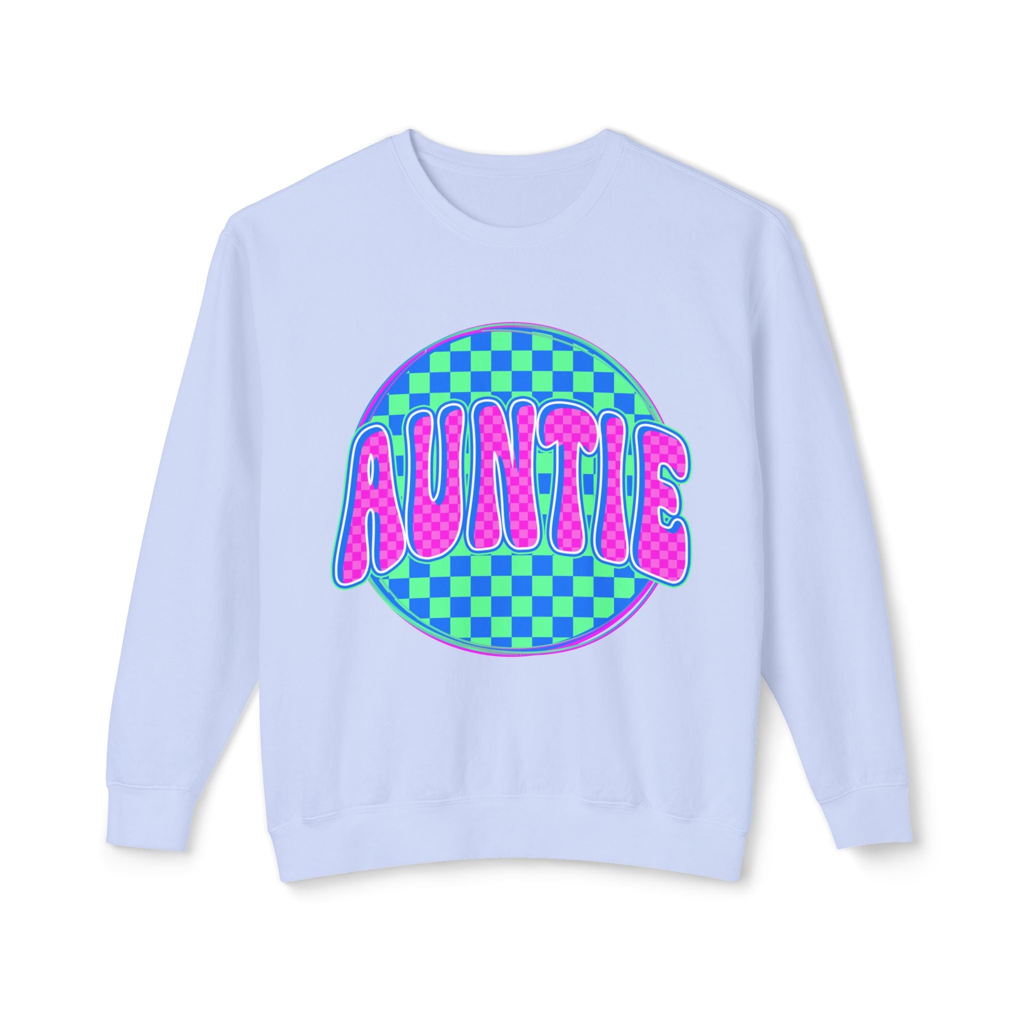 Auntie Graphic Sweatshirt — Retro Checkerboard Neon Design