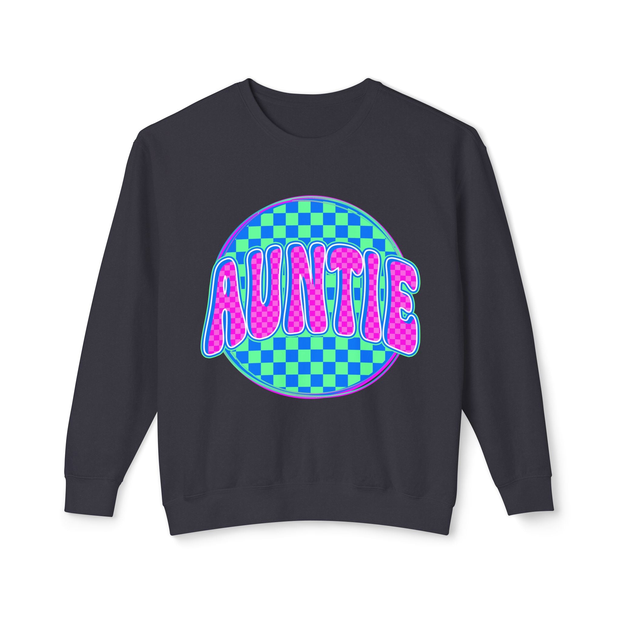 Auntie Graphic Sweatshirt — Retro Checkerboard Neon Design