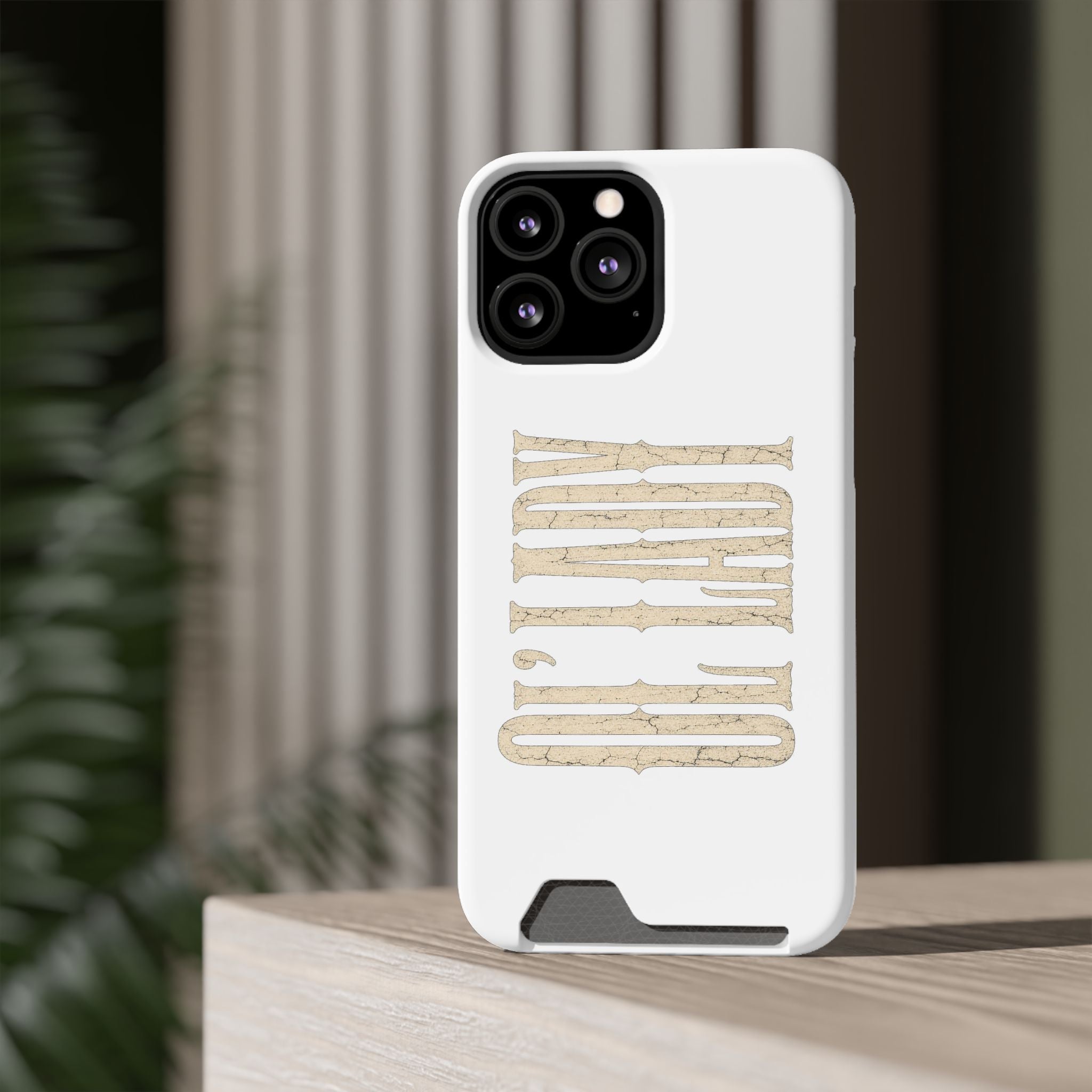 Card Holder Phone Case — Vintage Beige 'Old Soul' Typography