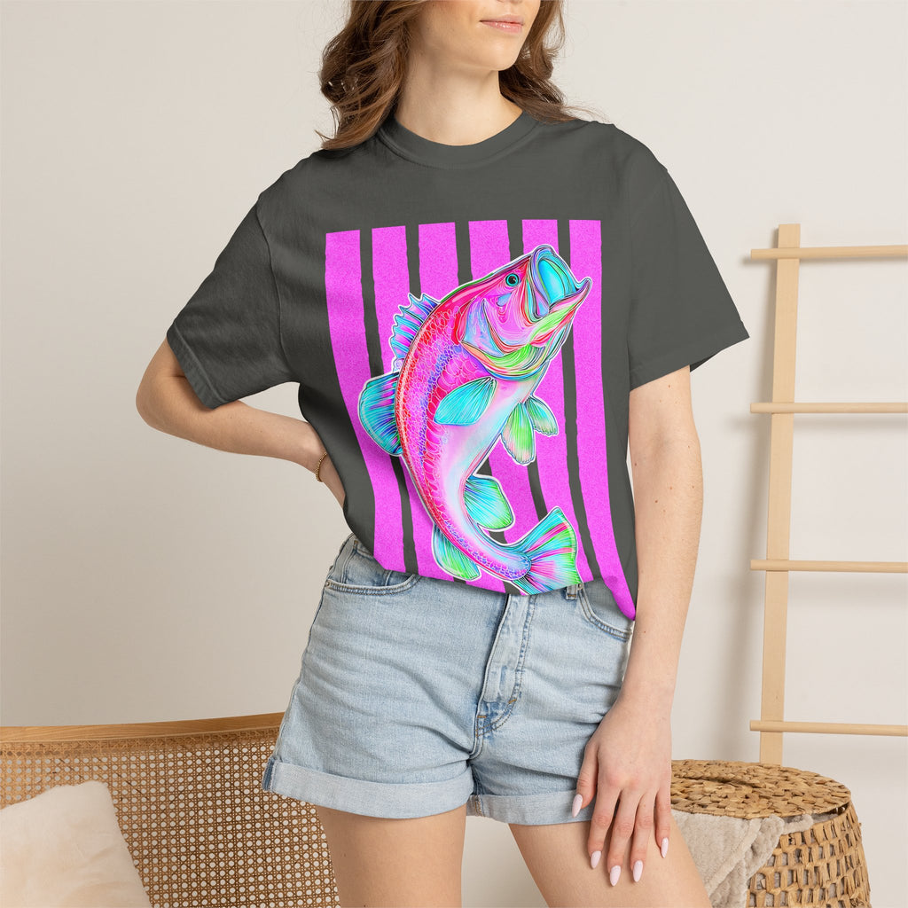 Neon Bass Fish T-Shirt — Retro Pink Stripe Fishing Tee