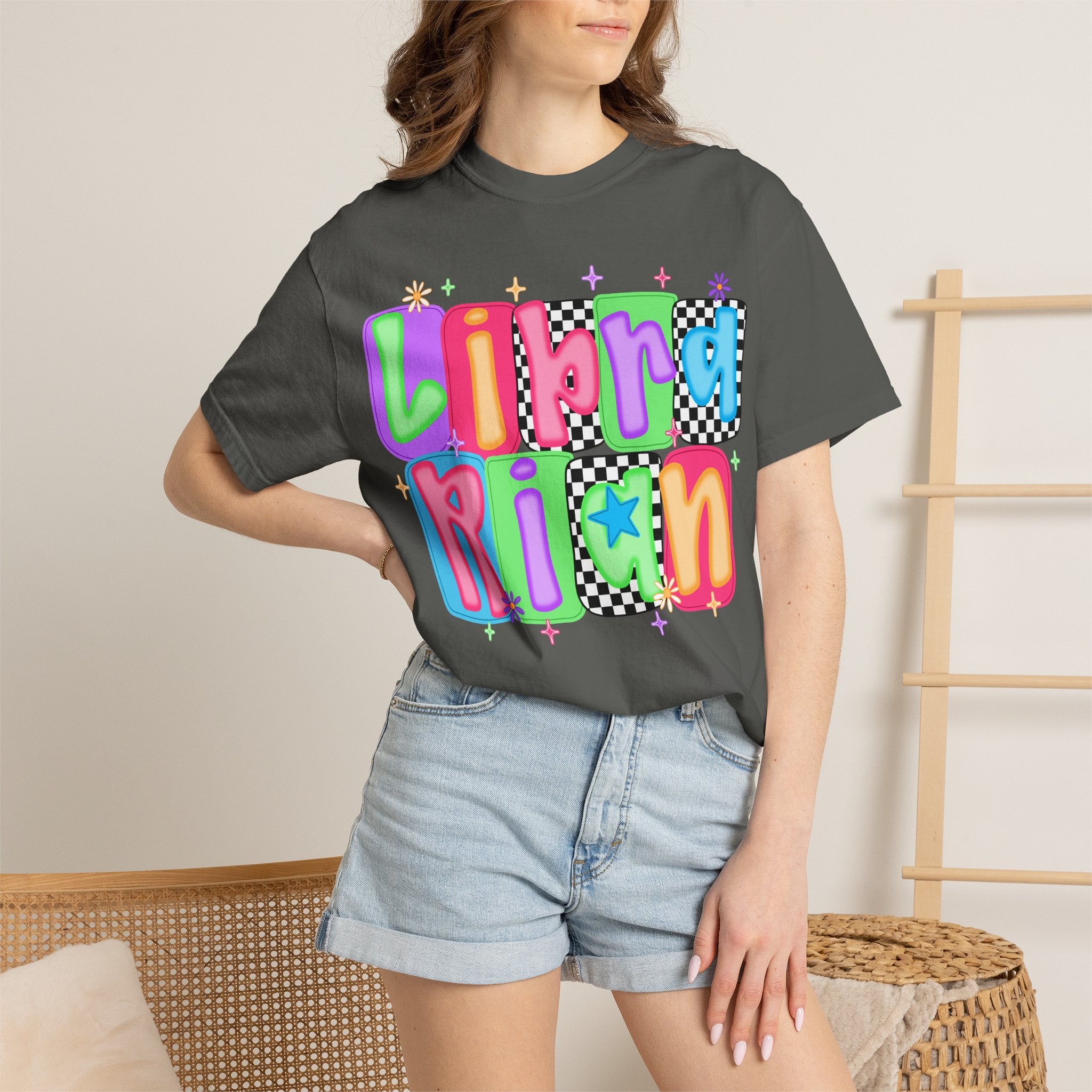 Librarian Retro Bubble Letter T-Shirt — Colorful Checkerboard Book Lover Tee