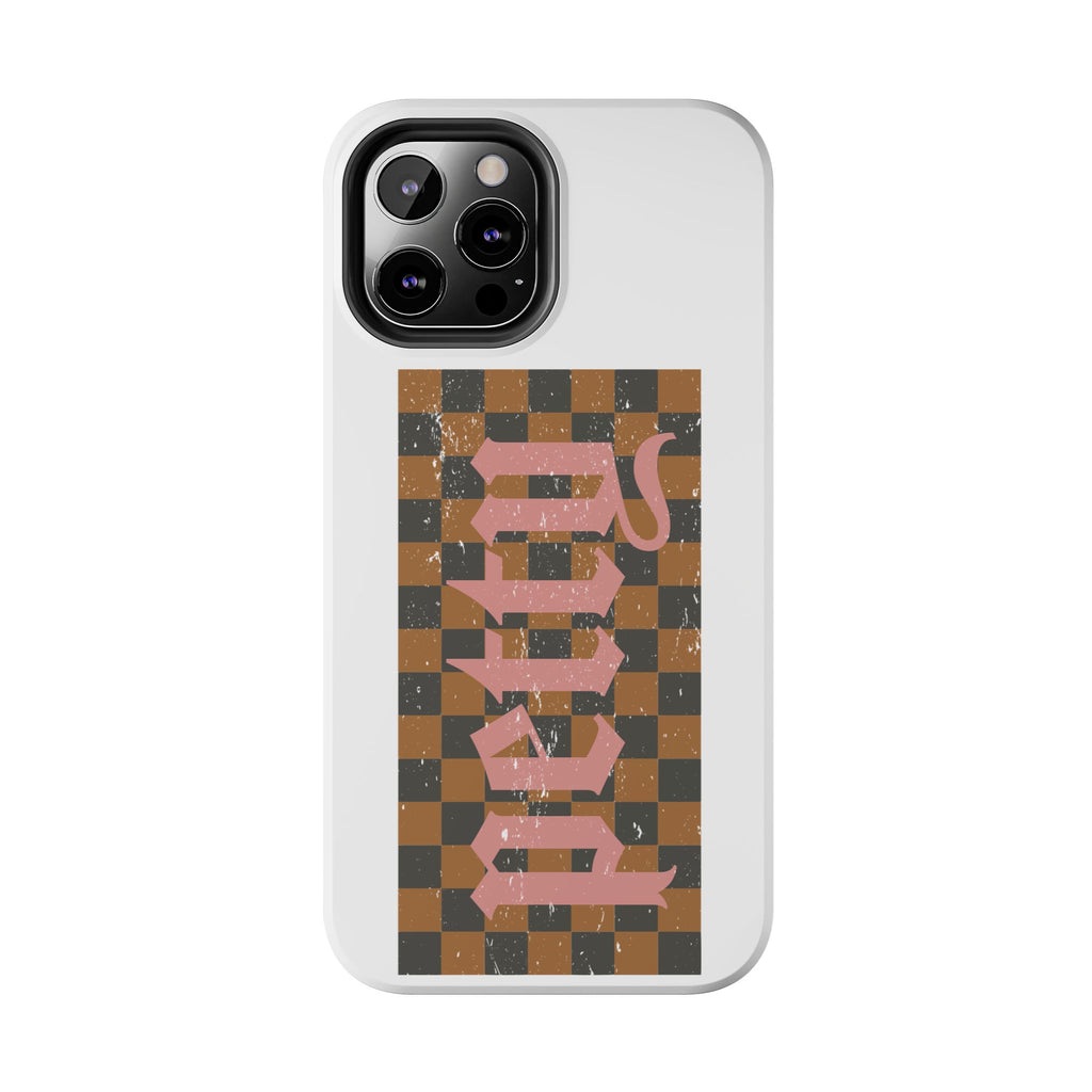 Checkerboard 'Tough' Retro Phone Case — Pink Gothic Text, Grunge Pattern