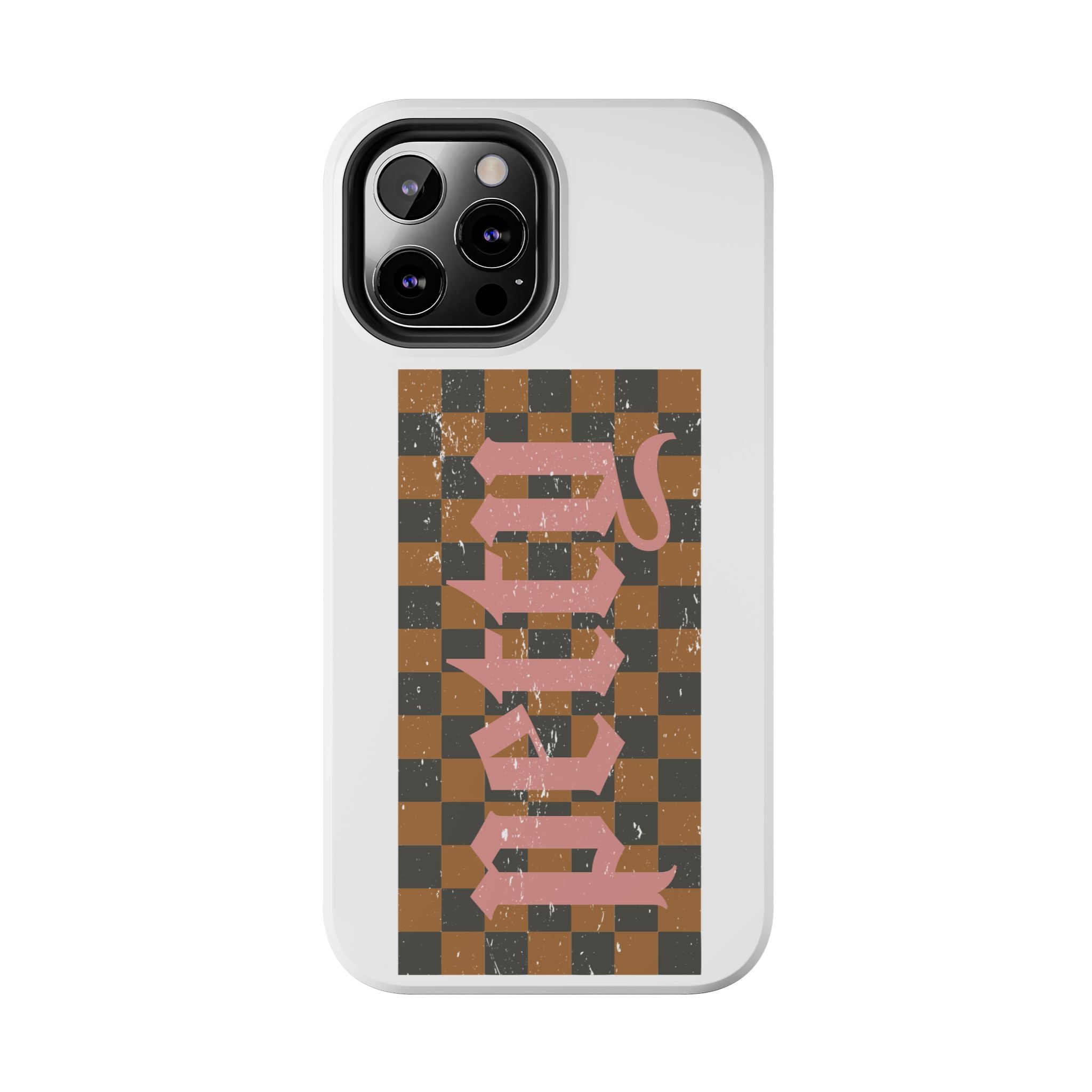 Checkerboard 'Tough' Retro Phone Case — Pink Gothic Text, Grunge Pattern