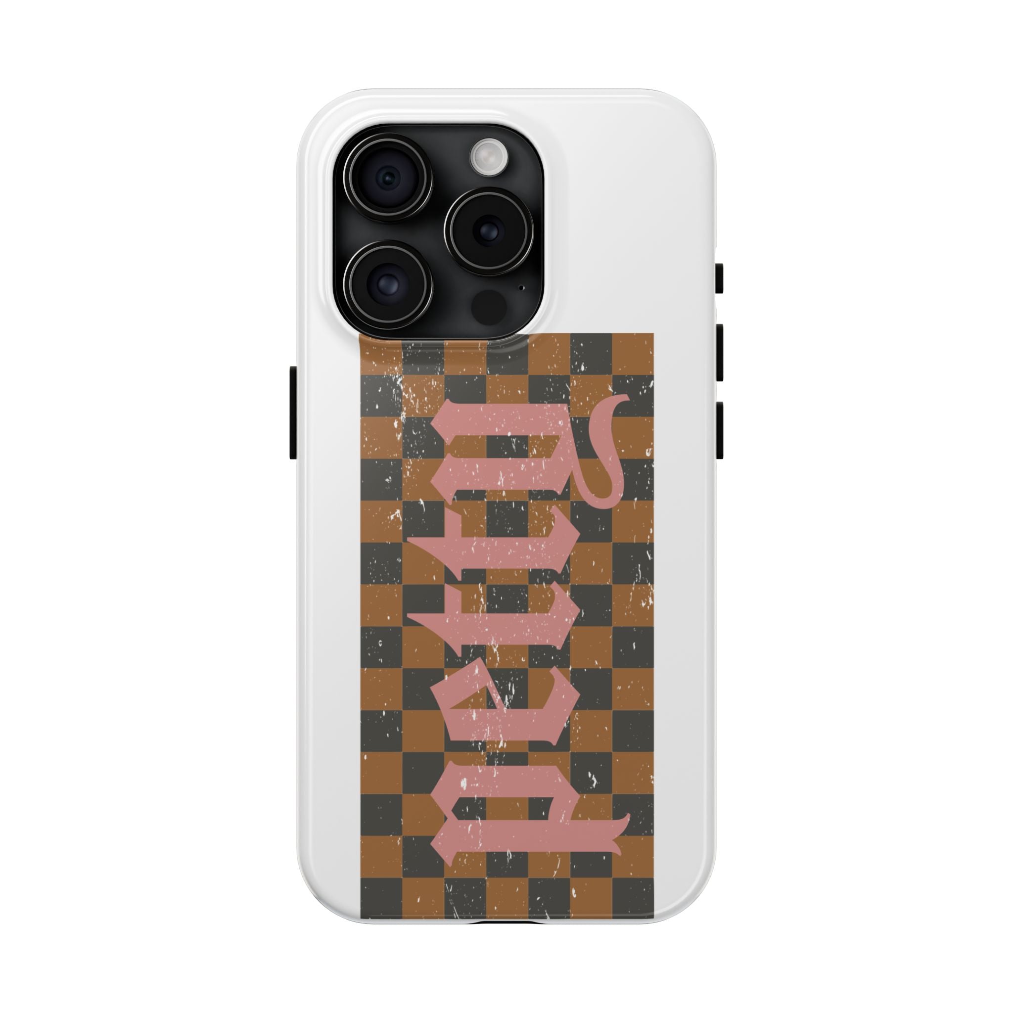Checkerboard 'Tough' Retro Phone Case — Pink Gothic Text, Grunge Pattern