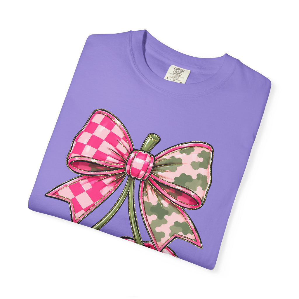 Pink Camo Checker Cherry Tee — Bow Graphic T-Shirt