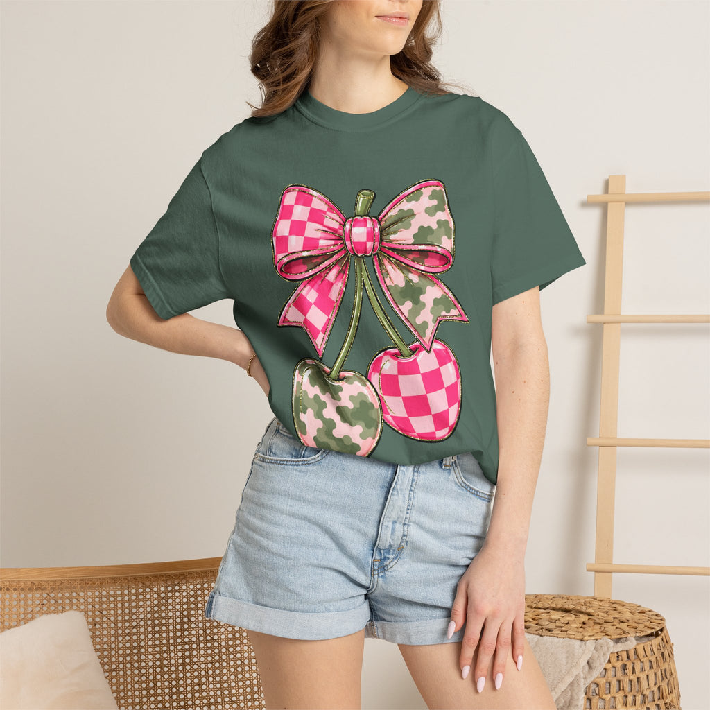Pink Camo Checker Cherry Tee — Bow Graphic T-Shirt