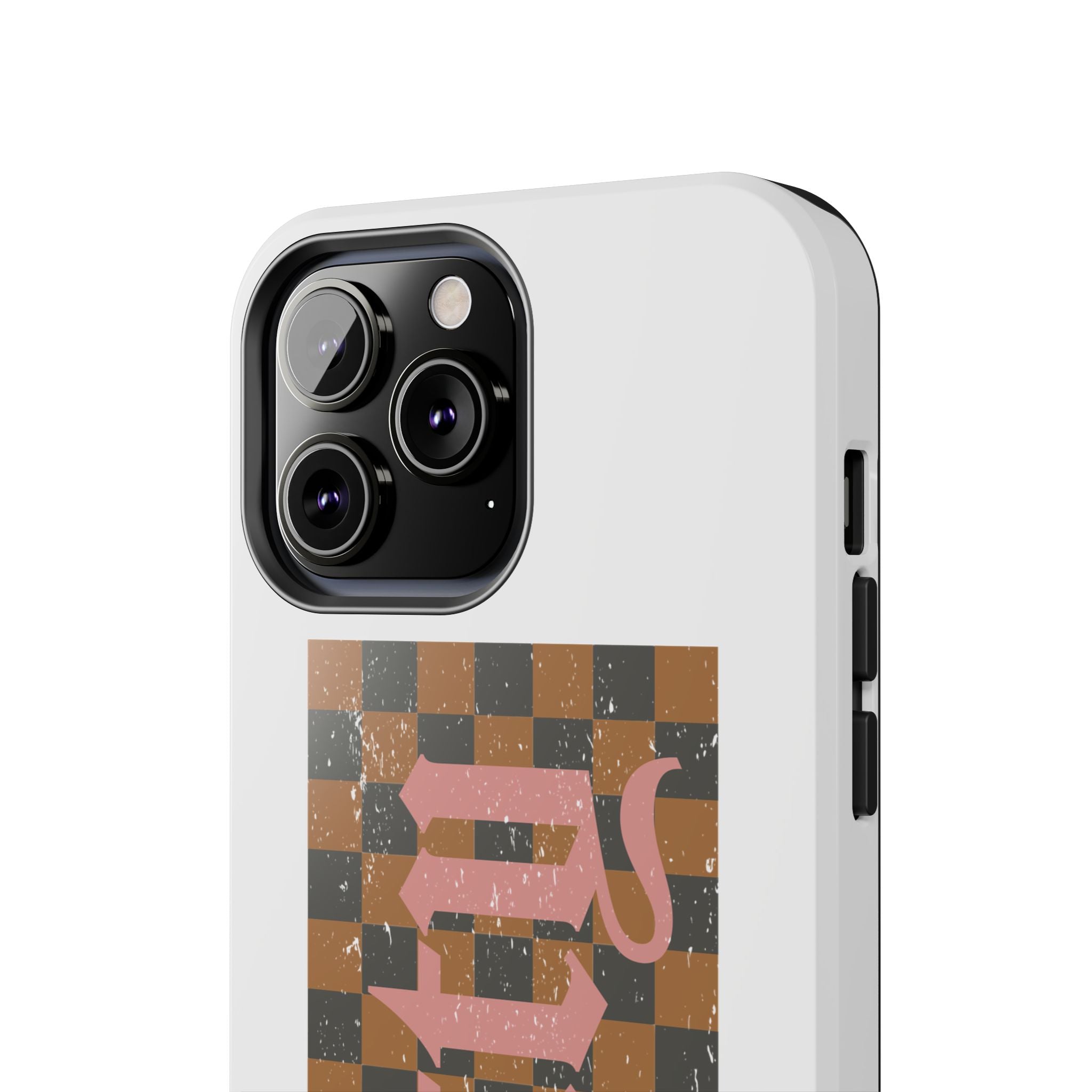 Checkerboard 'Tough' Retro Phone Case — Pink Gothic Text, Grunge Pattern