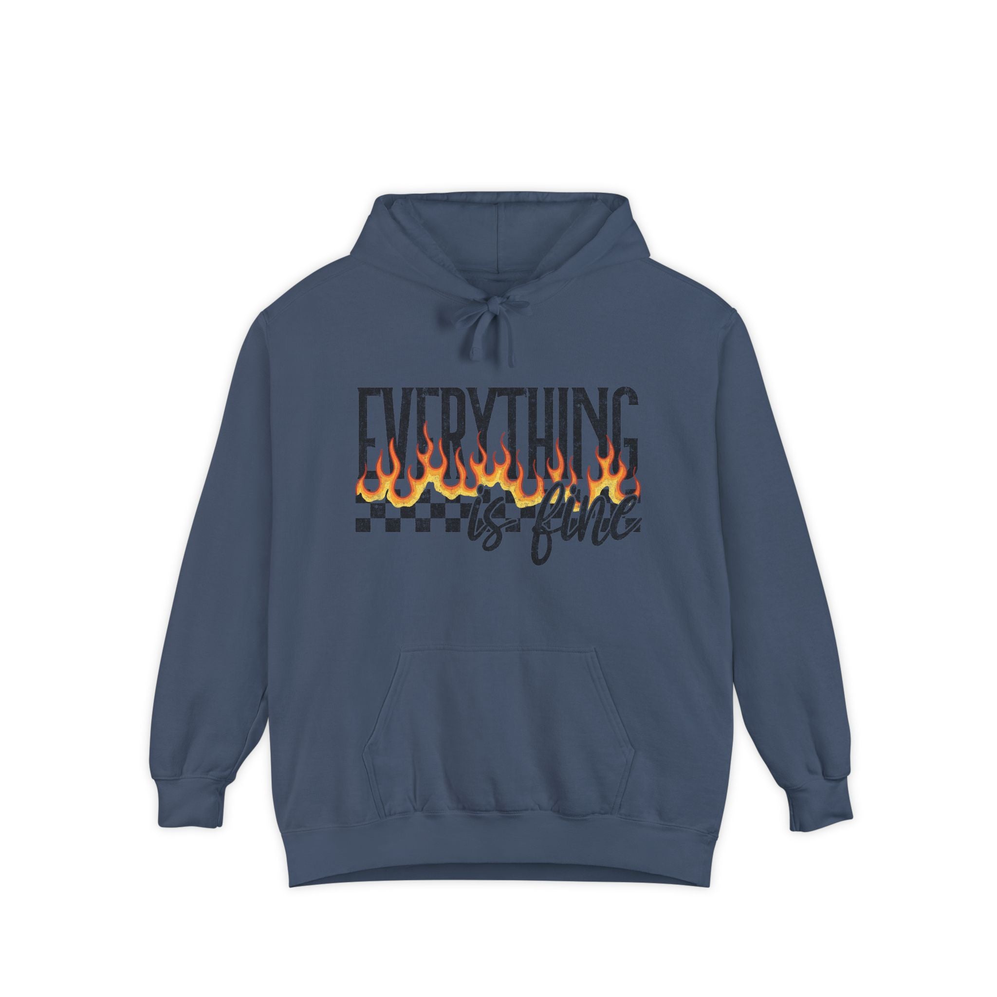 Everything Is Fine Hoodie — Retro Flame Checkerboard Graphic Pullover