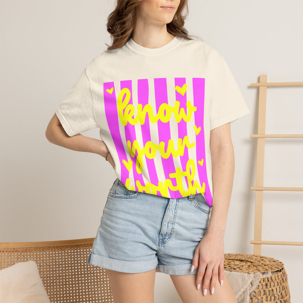 Know Your Worth T-Shirt — Bright Pink Stripe Motivational Tee