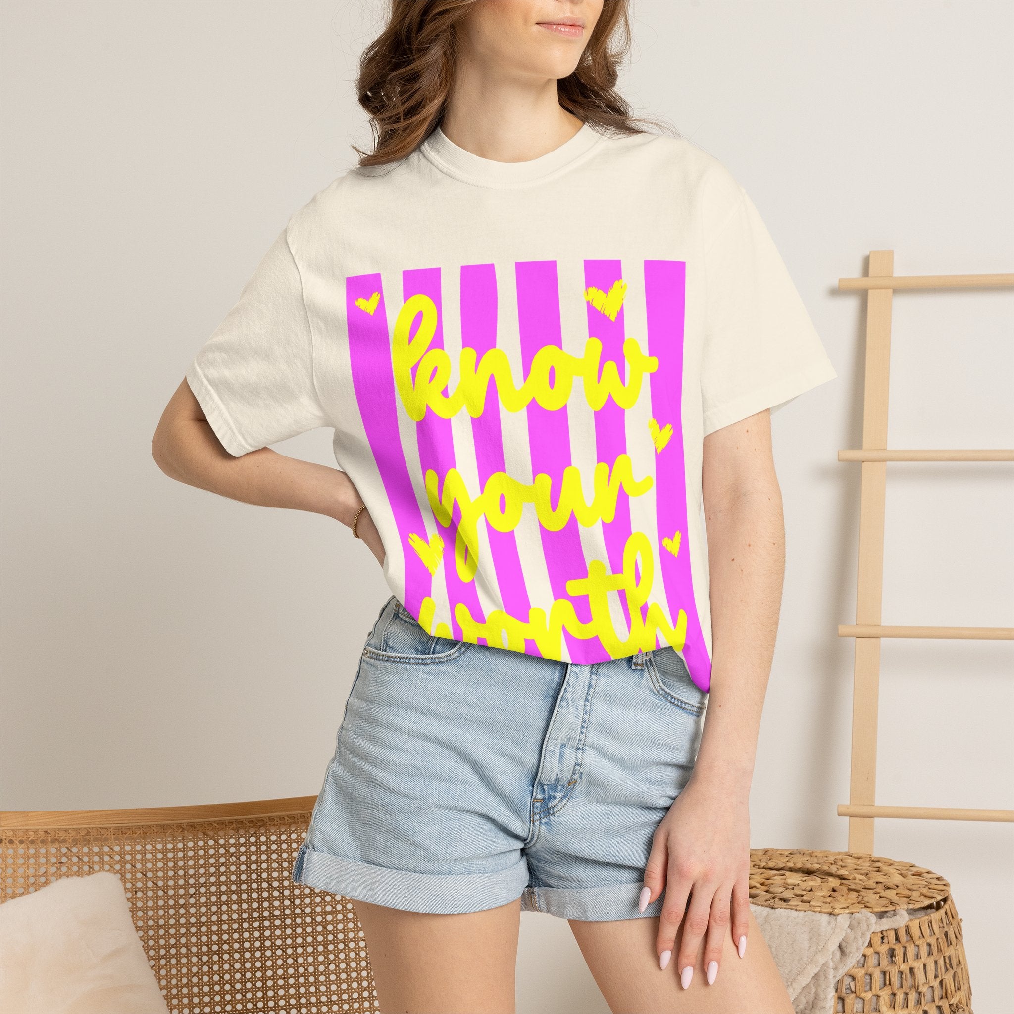 Know Your Worth T-Shirt — Bright Pink Stripe Motivational Tee