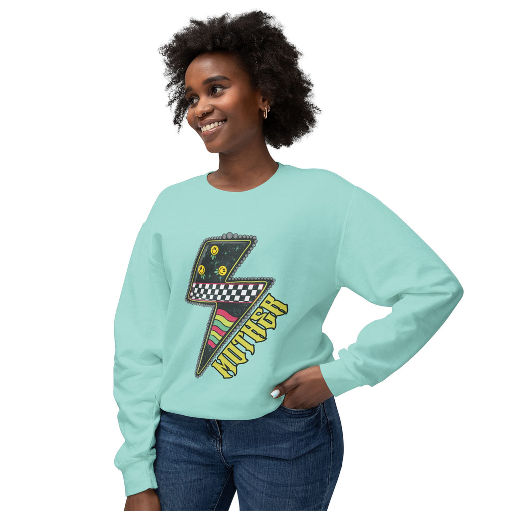 Lightning Bolt Graphic Sweatshirt — Retro Checkered & Neon Pattern Crewneck