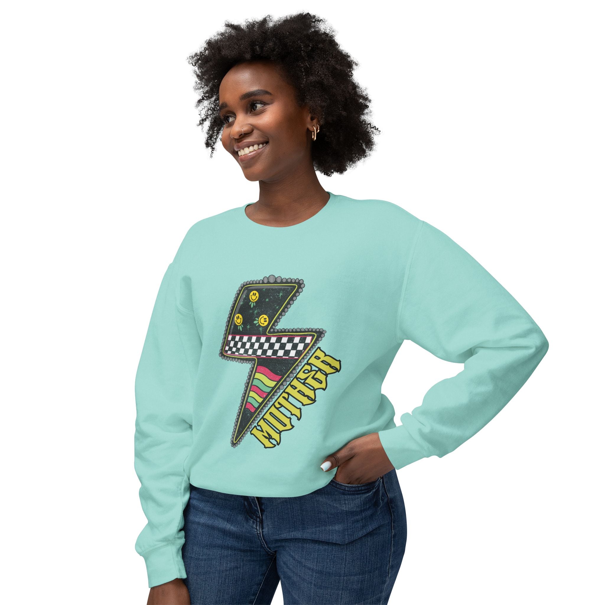 Lightning Bolt Graphic Sweatshirt — Retro Checkered & Neon Pattern Crewneck