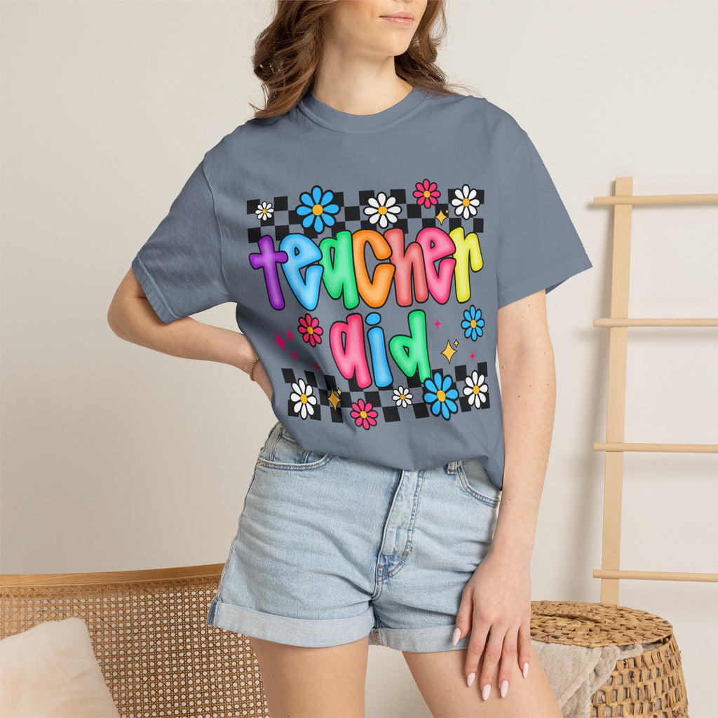 Teacher Aid T-Shirt — Colorful Retro Flower Checkerboard Design