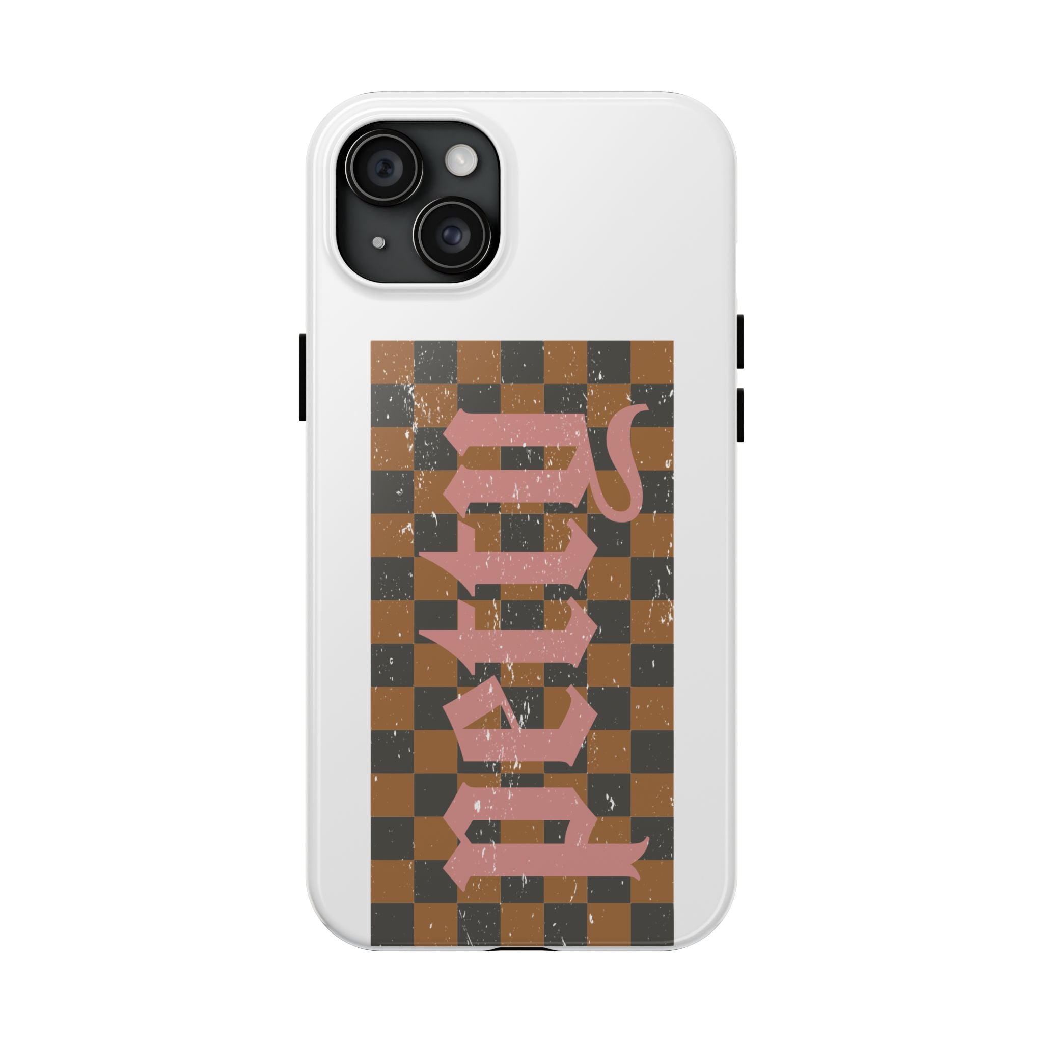 Checkerboard 'Tough' Retro Phone Case — Pink Gothic Text, Grunge Pattern