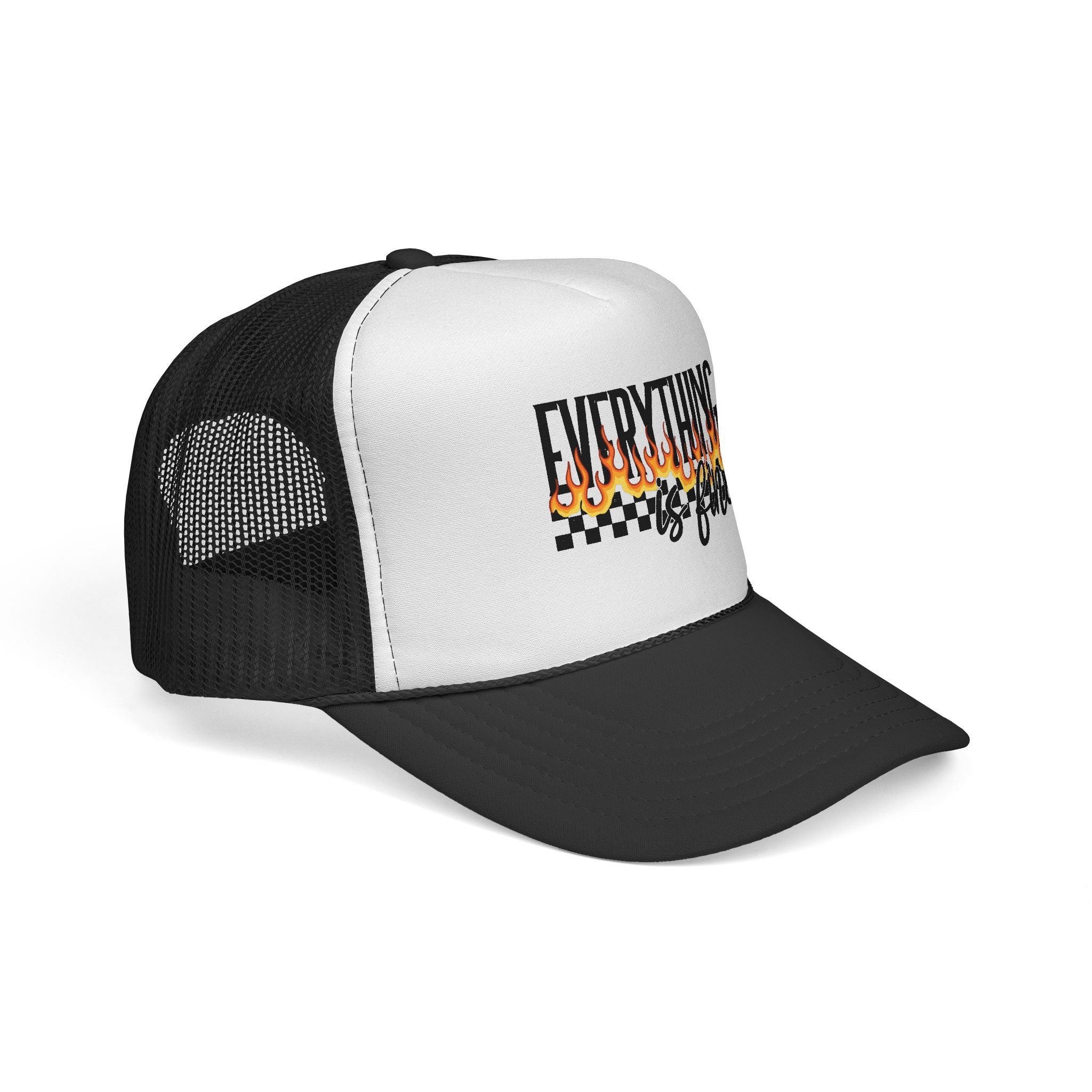 Everything Is Fine Trucker Cap — Retro Flames & Checkerboard Snapback