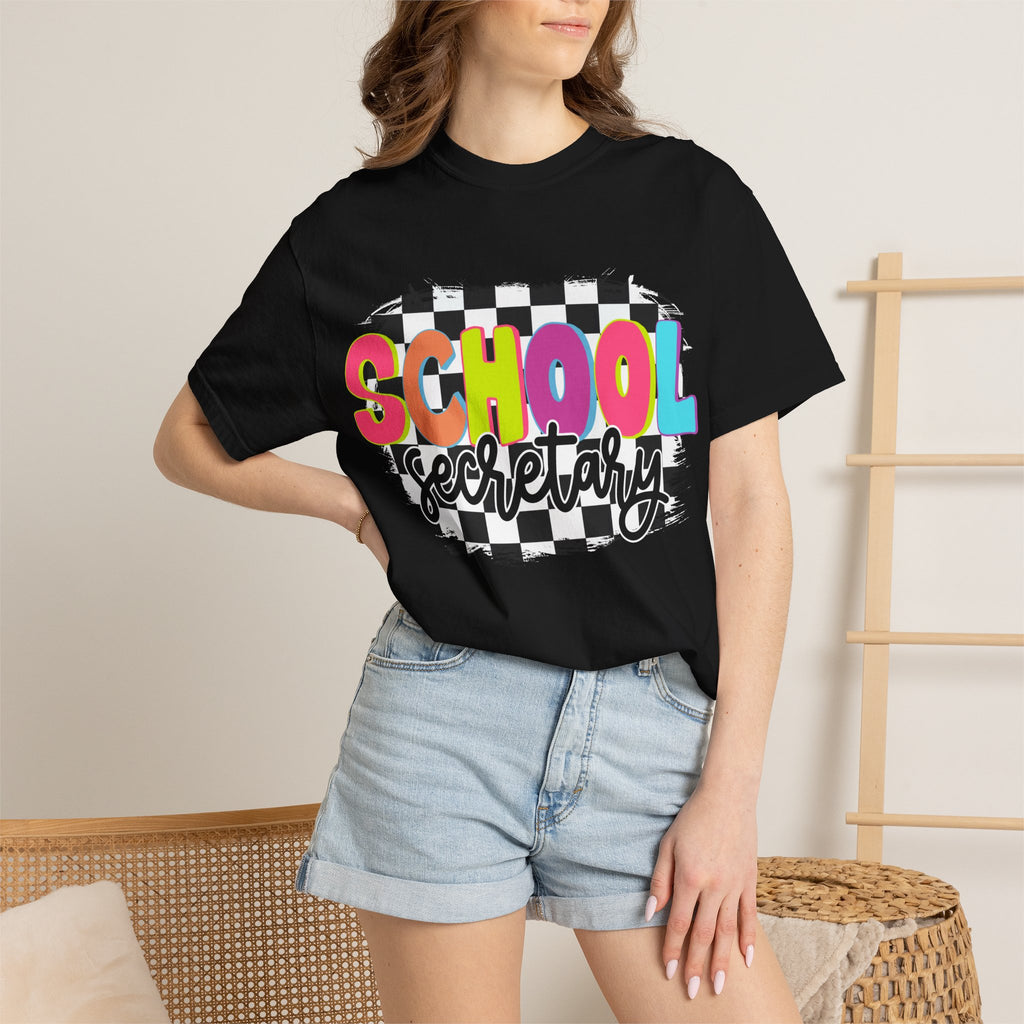 School Secretary T-Shirt — Retro Checkerboard Design