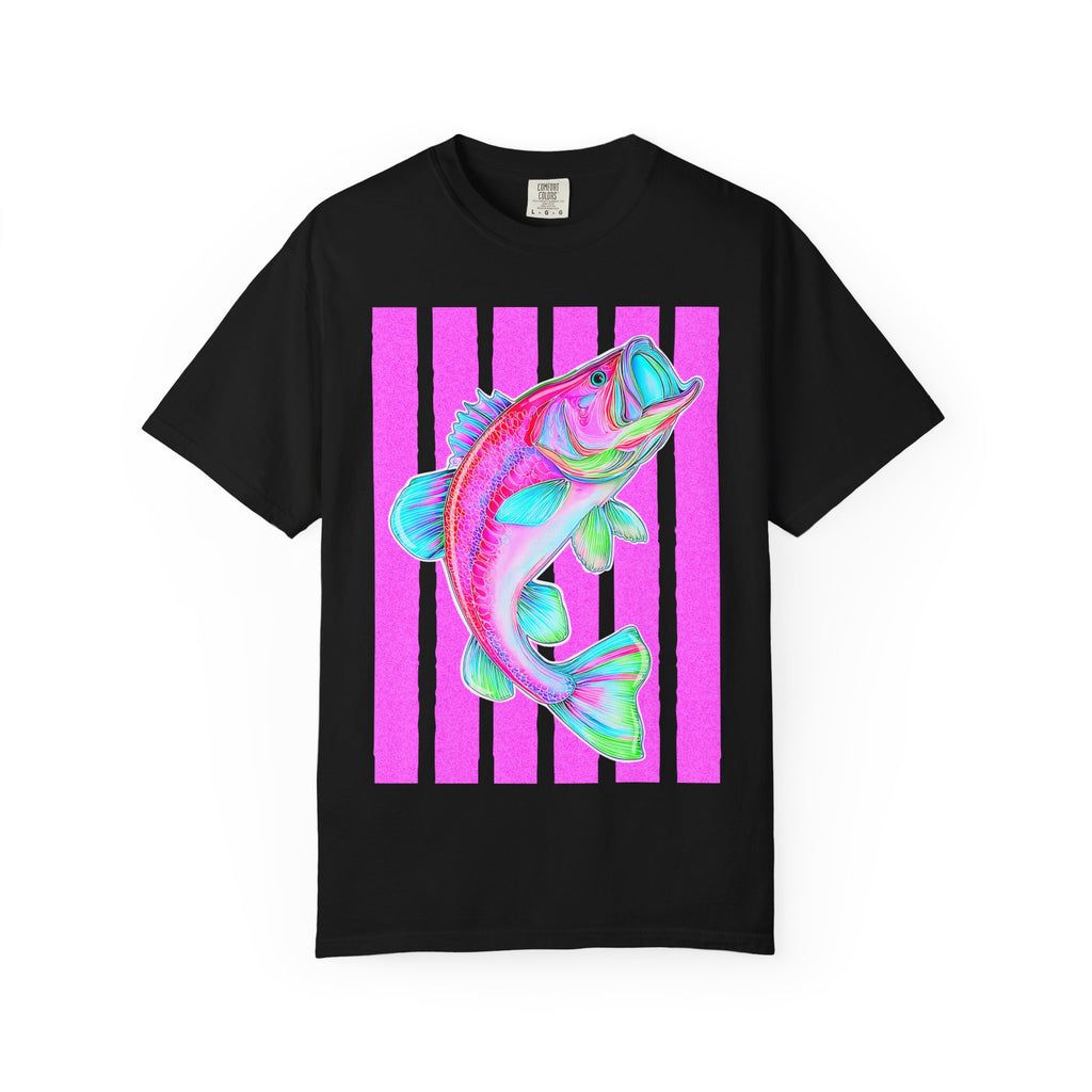 Neon Bass Fish T-Shirt — Retro Pink Stripe Fishing Tee