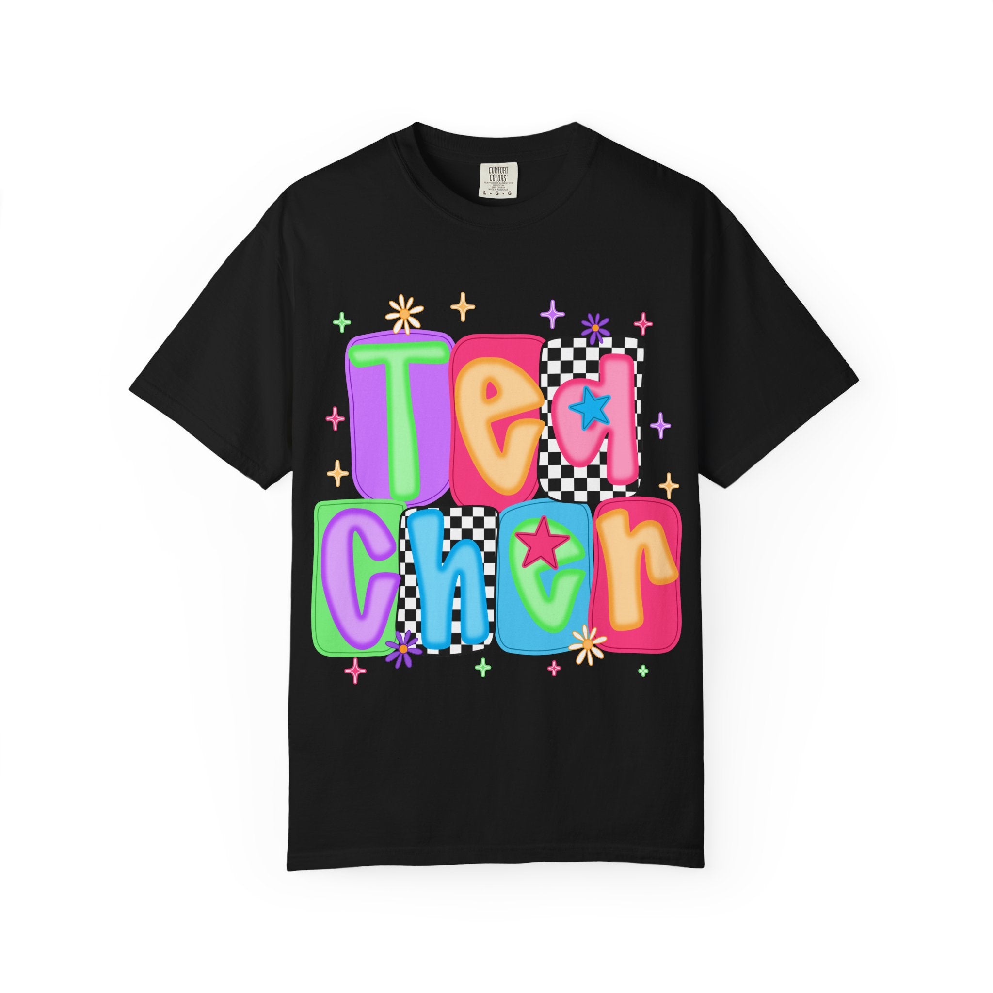 Teacher Retro Bubble Letter T-Shirt — Colorful Checkerboard & Star Teacher Shirt