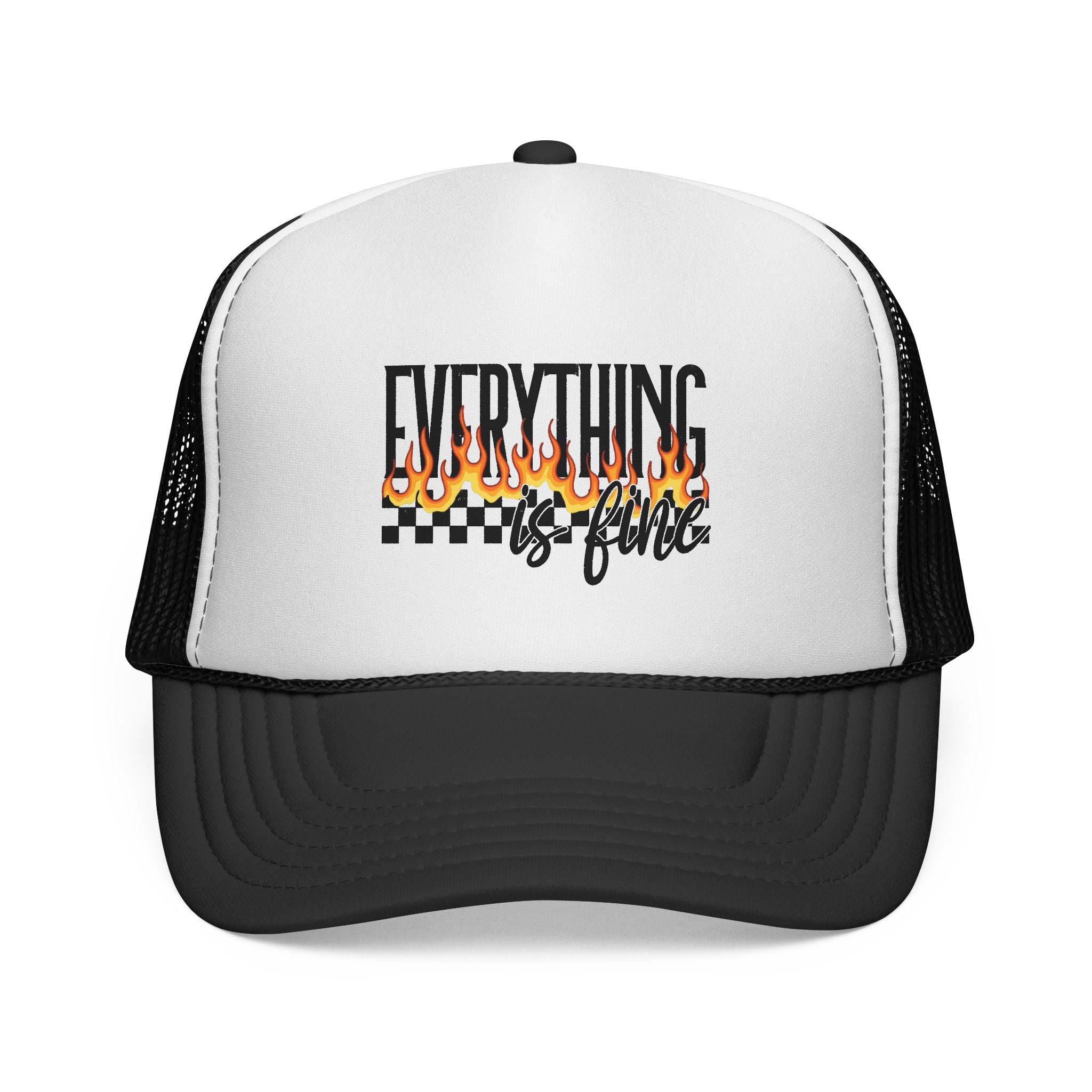 Everything Is Fine Trucker Cap — Retro Flames & Checkerboard Snapback