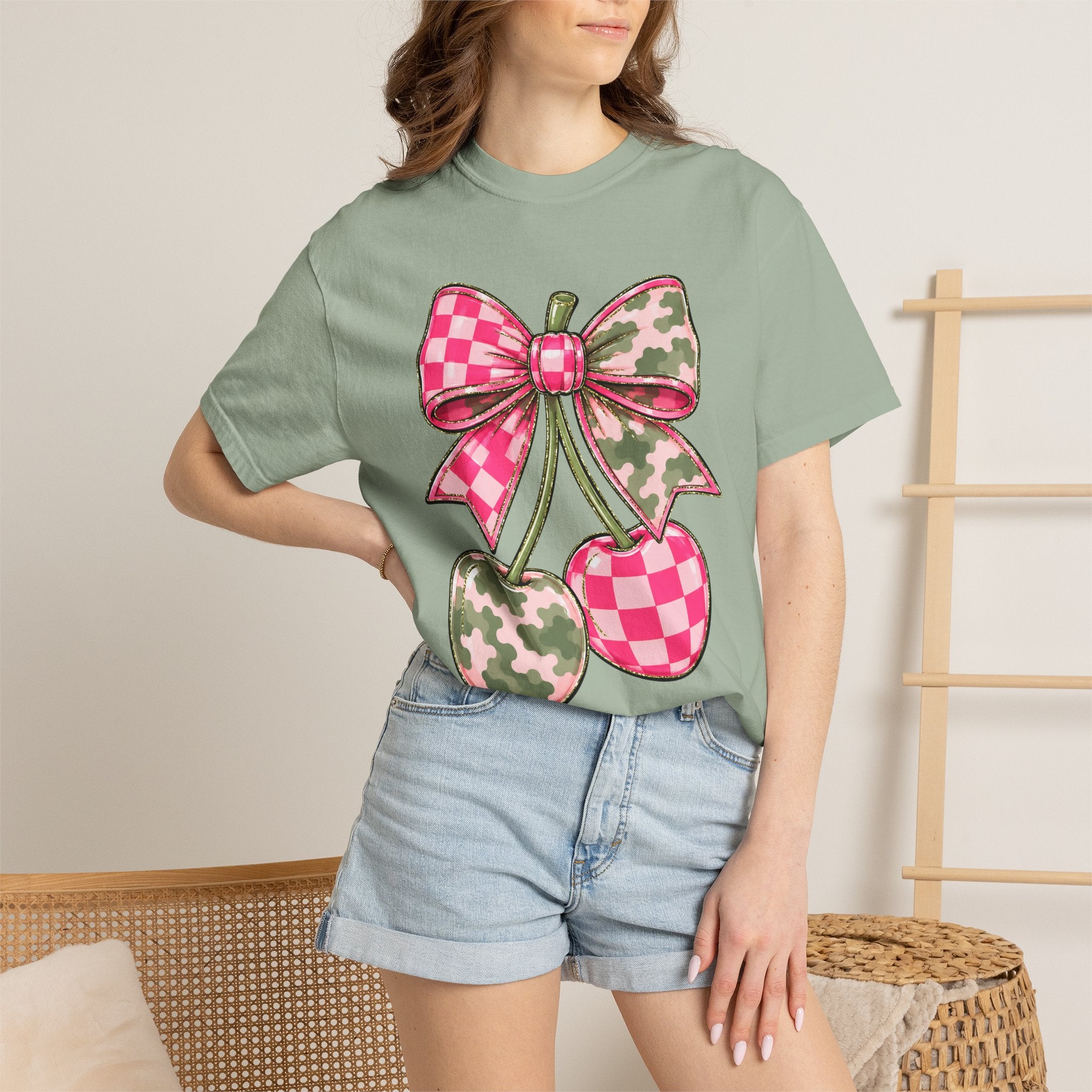 Pink Camo Checker Cherry Tee — Bow Graphic T-Shirt