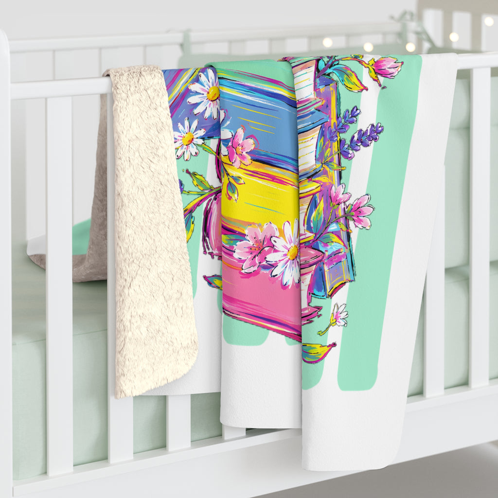 Book Lover Sherpa Blanket — Colorful Stacked Books & Floral Cozy Throw