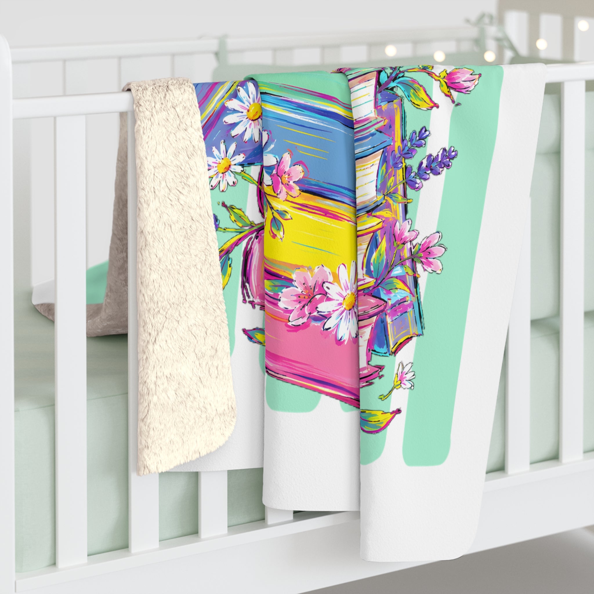 Book Lover Sherpa Blanket — Colorful Stacked Books & Floral Cozy Throw