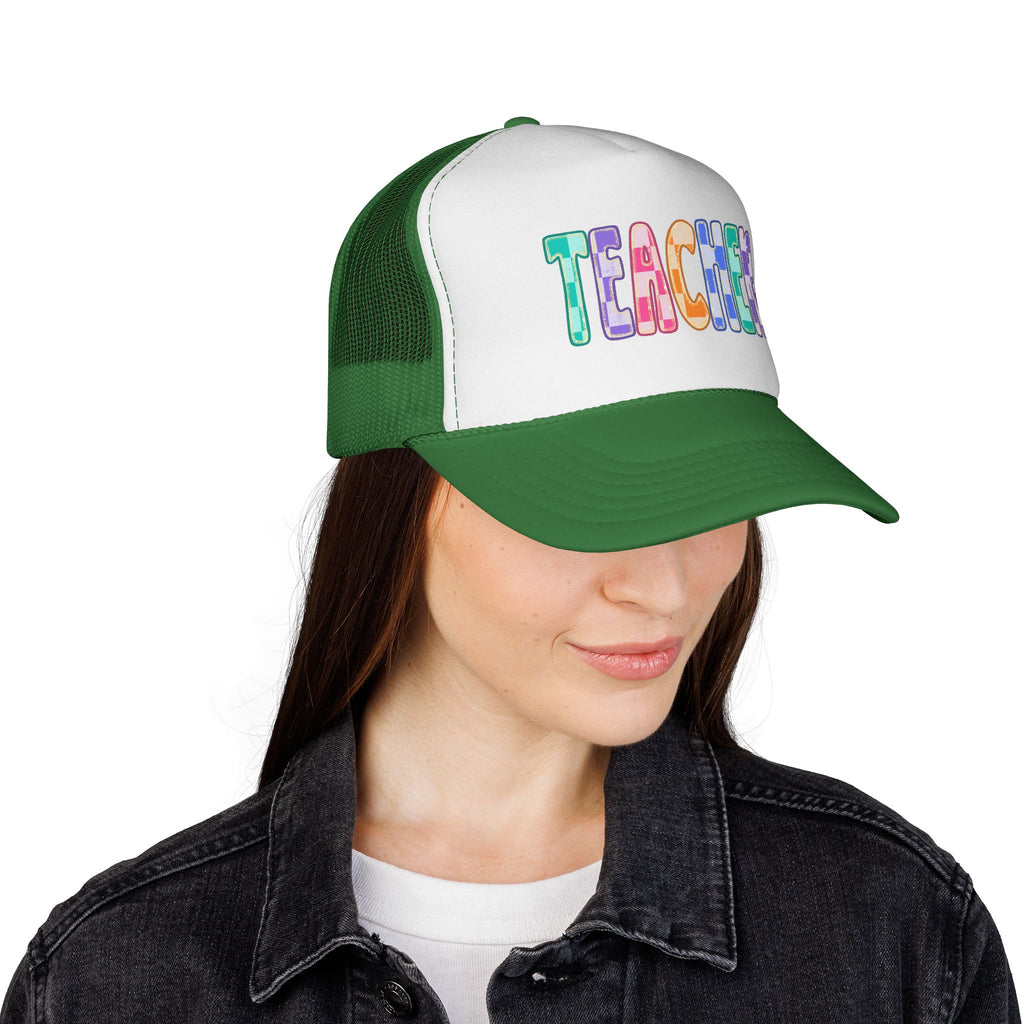 Teacher Trucker Hat — Colorful Patchwork Educator Cap