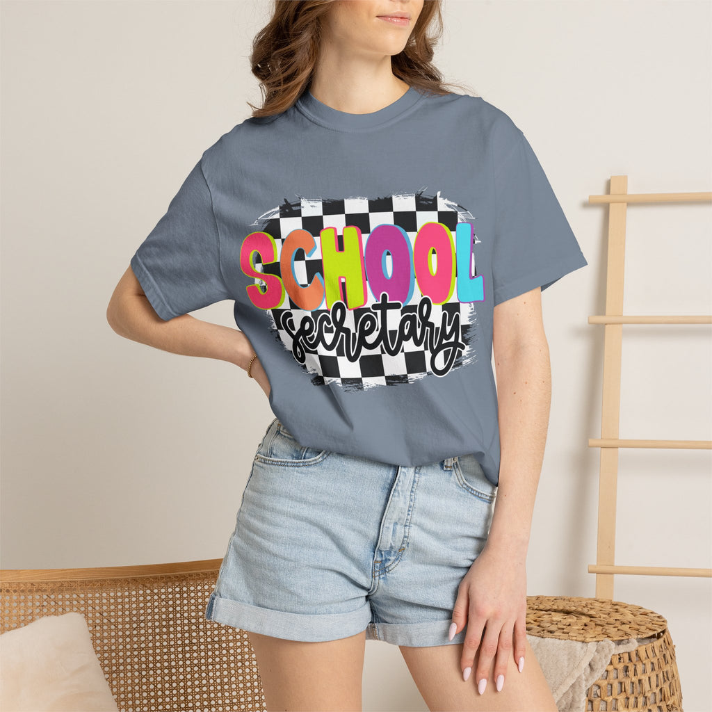 School Secretary T-Shirt — Retro Checkerboard Design